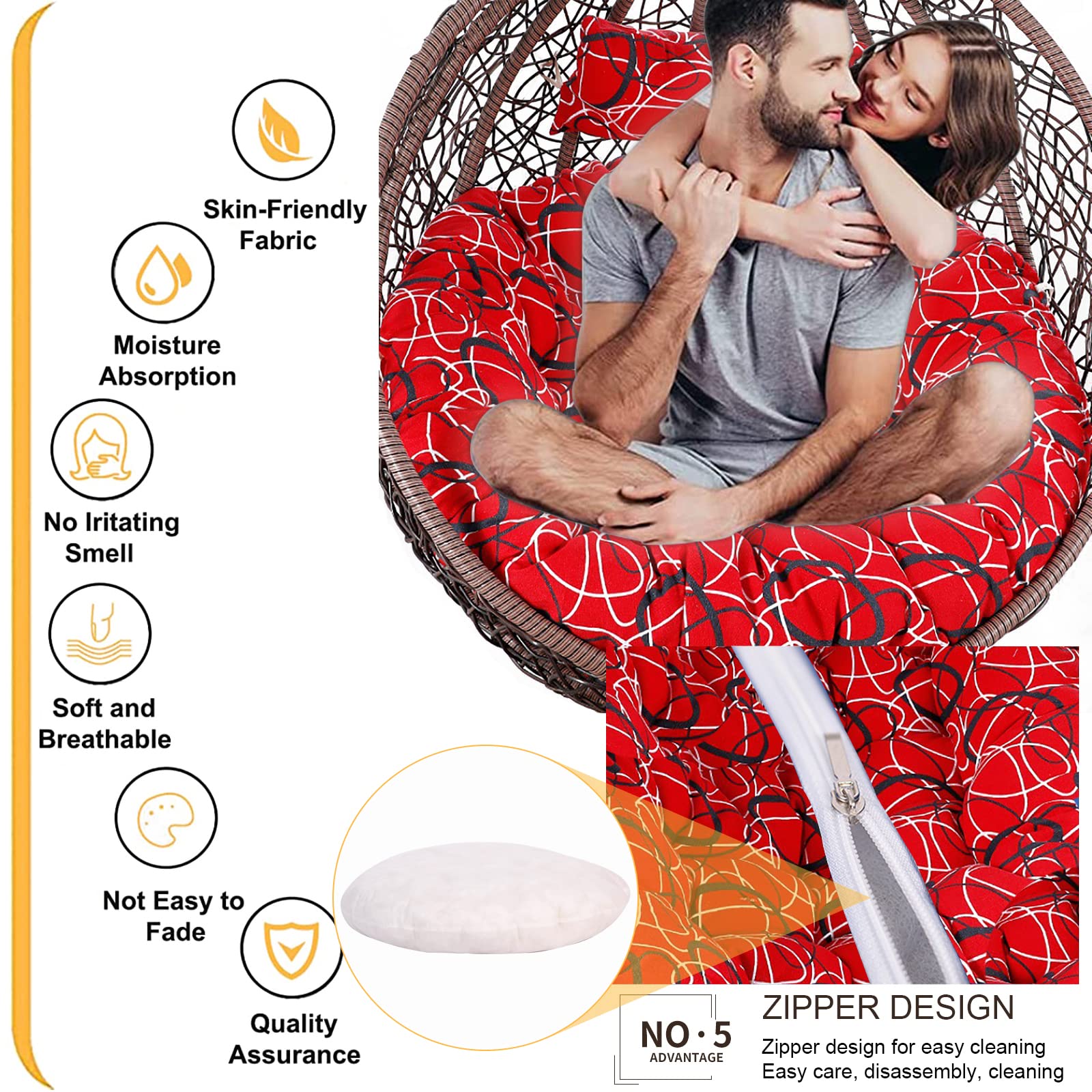 Cuscino per Sedia Papasan Esterno Sospese in Rattan Imbottiture per sedie Poltrona Cuscino Tondo Sedia a Dondolo Cuscino del Sedile per Patio del Balcone (G 105cm/41.33in)