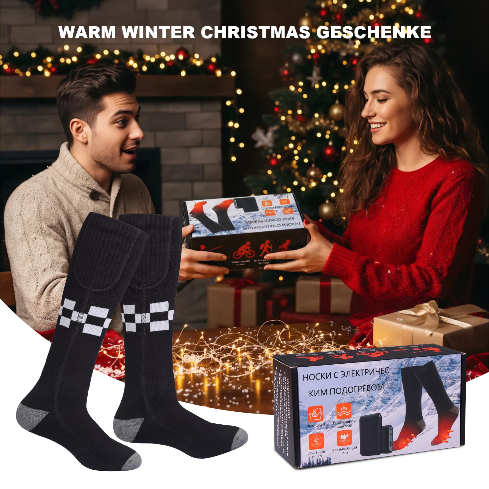 Chaussettes Chauffantes Rechargeables pour Hommes Femmes, 5000mAh Chaussette Chauffante Électrique avec Chauffage Semelle, 3 Niveaux Température, Lavables pour Ski Camping Randonnée Hiver