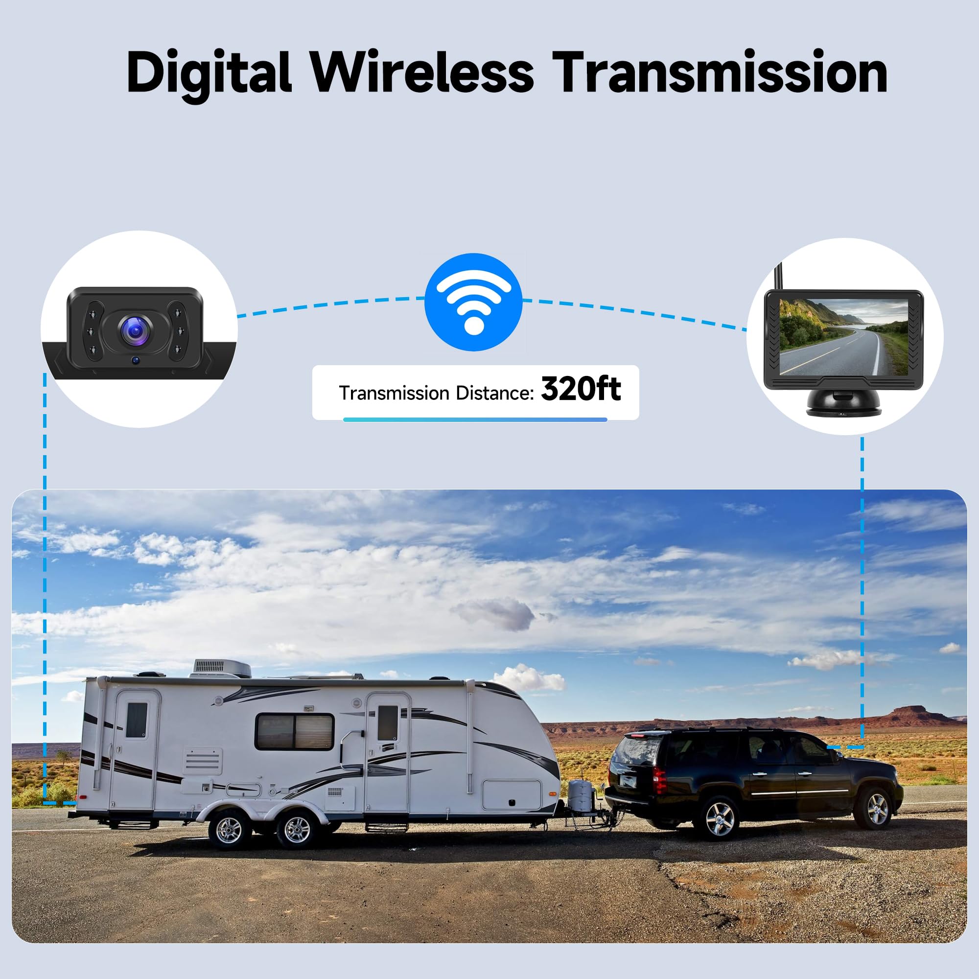 Kit Telecamera Retromarcia Auto Wireless Digitali Registrazione Video con 5 Pollici HD Monitor Telecamera Retromarcia IP69 Impermeabile Visione Notturna per Campeggio Auto Caravan Camion Rimorchi