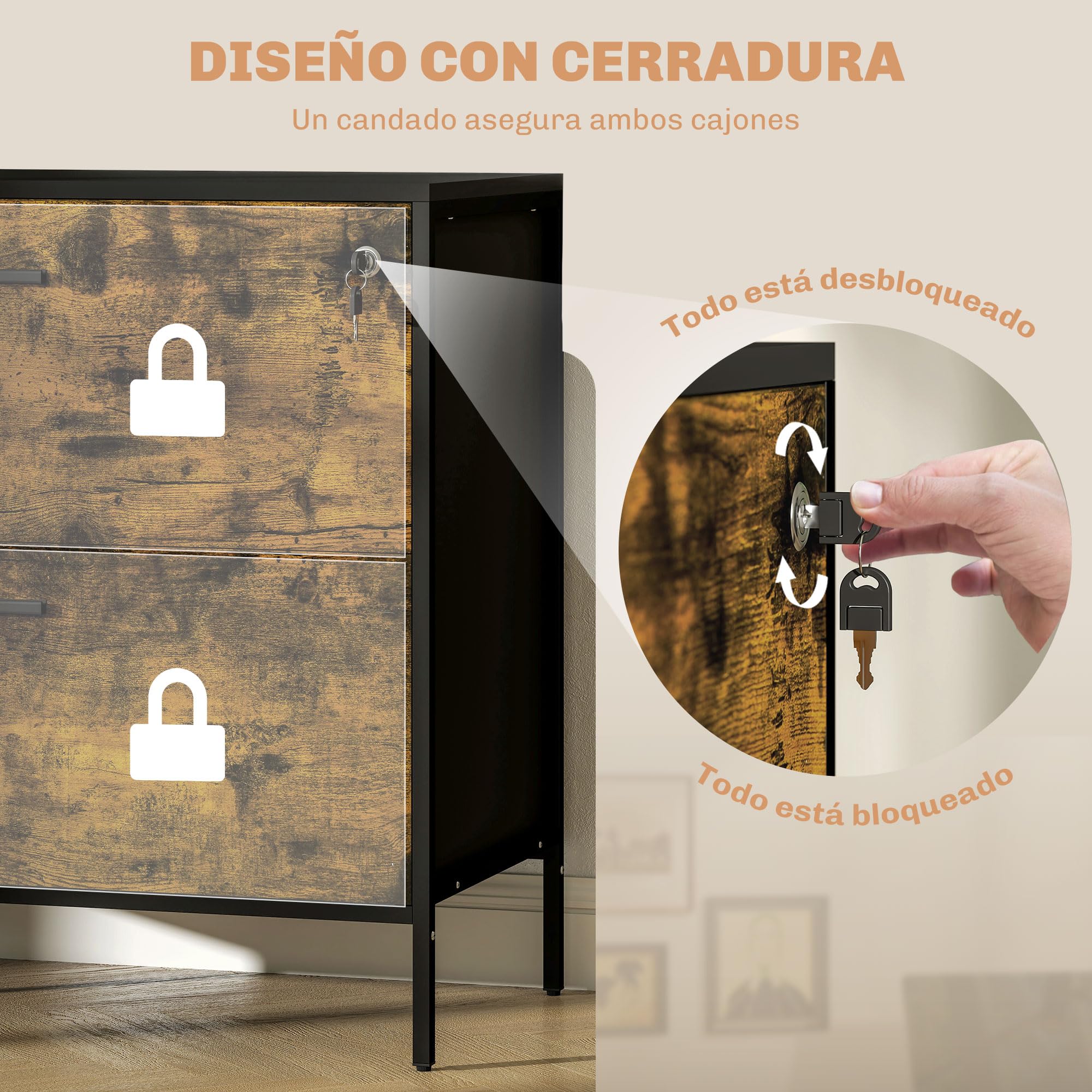 HOMCOM Cassettiera da ufficio industriale con 2 cassetti e serratura cassetto per raccoglitori con cartelle sospese, dimensioni A4, 80 x 39 x 73,5 cm, marrone