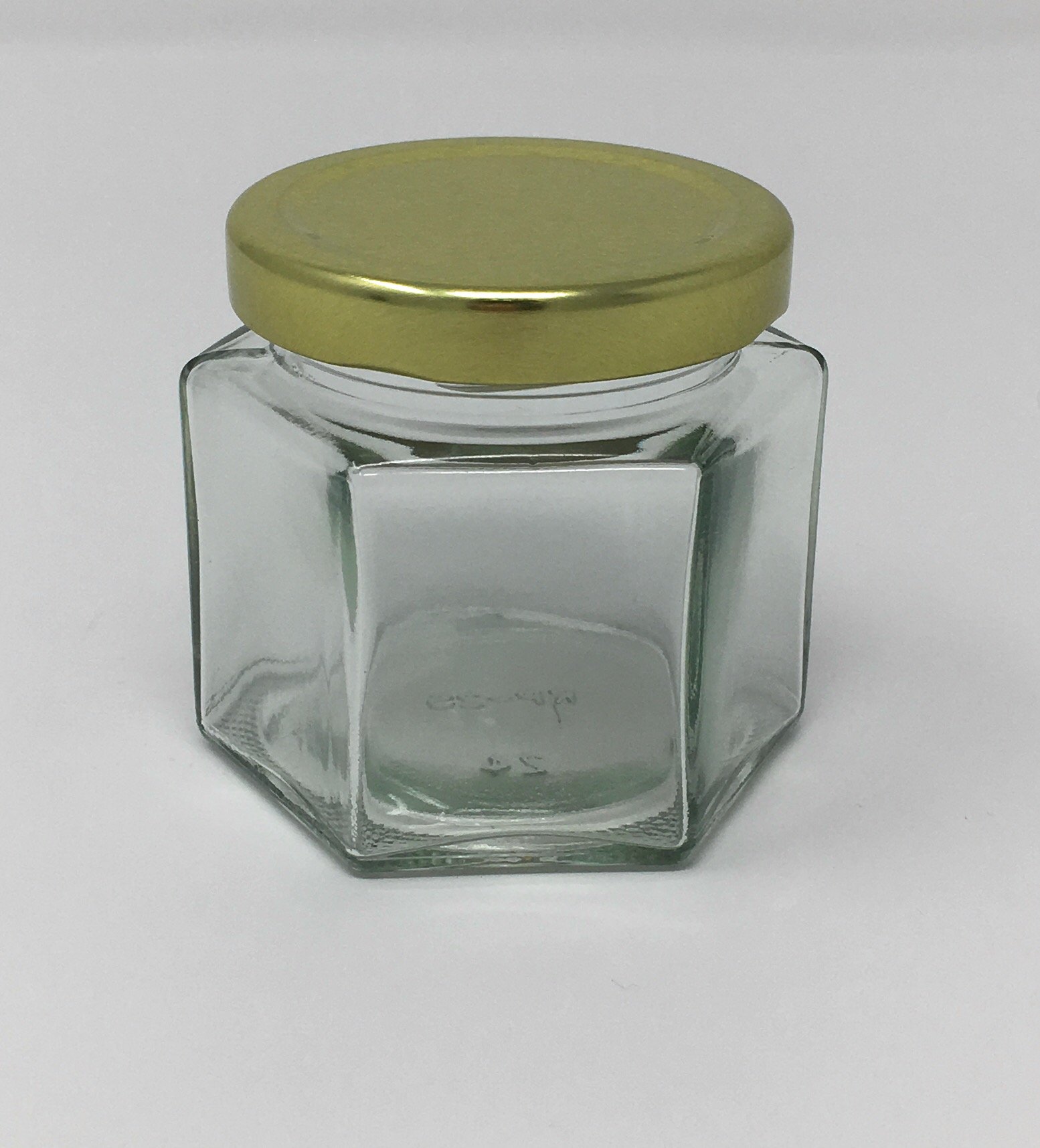 4 oz Hexagon Glass Jar with Gold Metal Lid by Richards Packaging 12 pack