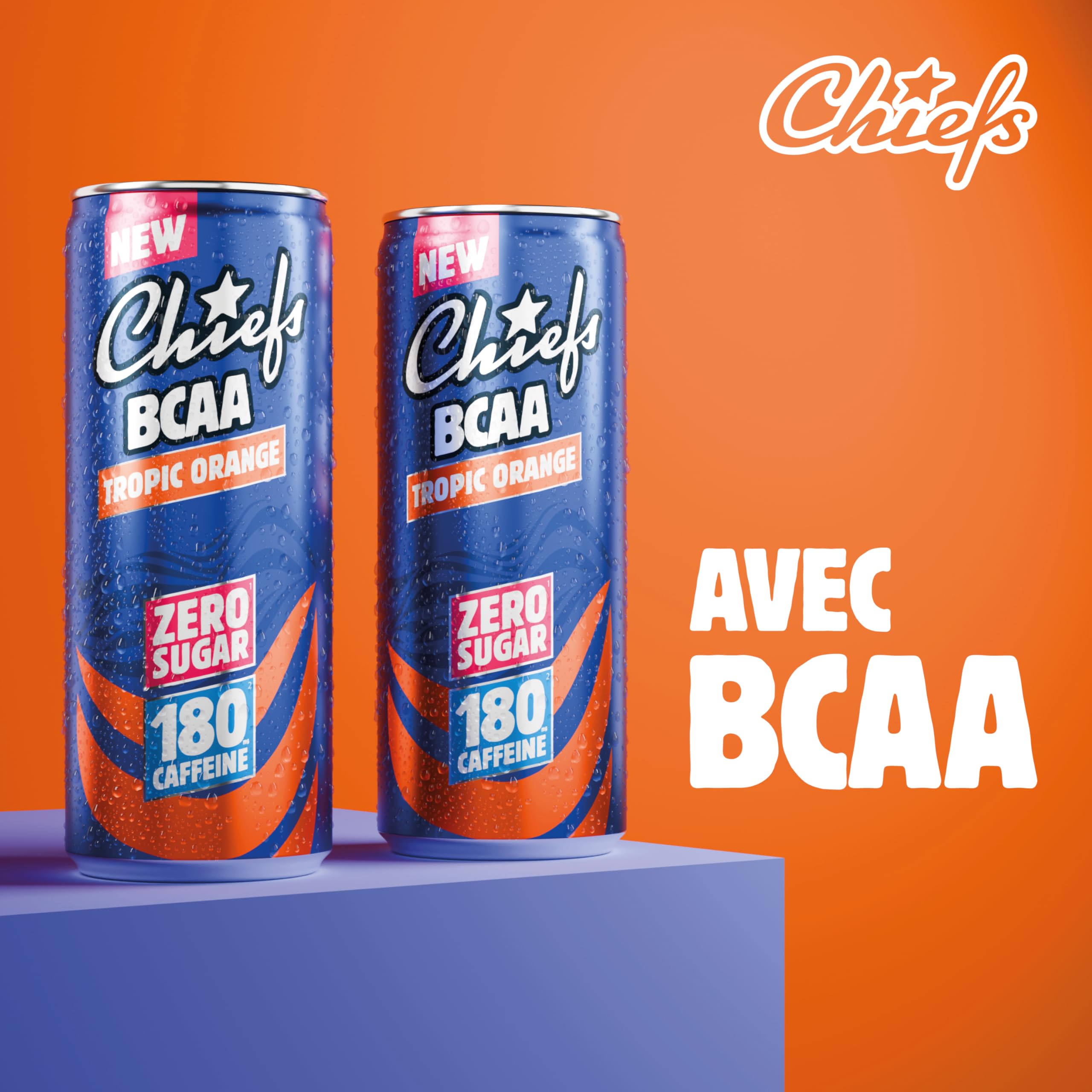 CHIEFS Boisson énergisante goût Orange Tropicale, 180 mg de caféine, 24x330ml boissons énergétiques, Sans Sucre et avec BCAA (Tropic Orange)
