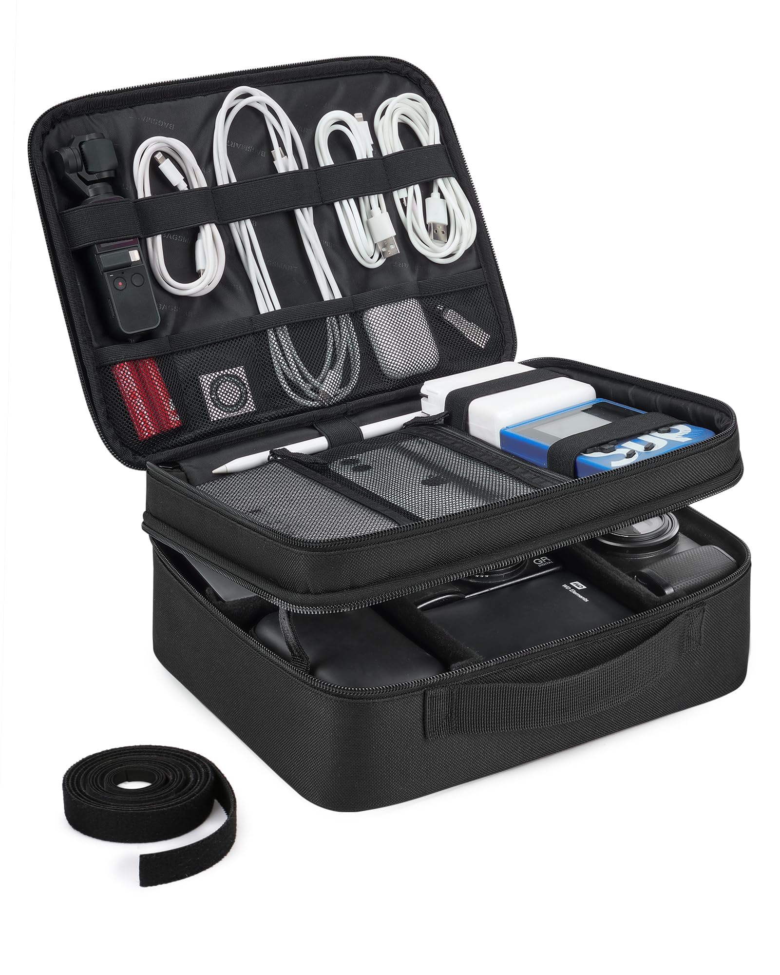 bagsmart Extra Large Double Layer Portable Travel Cable Organiser Bag Electronics Accessories Storage Case for Charger, Adaptors, Kindle, Hard Drives (Black-Lightweight)