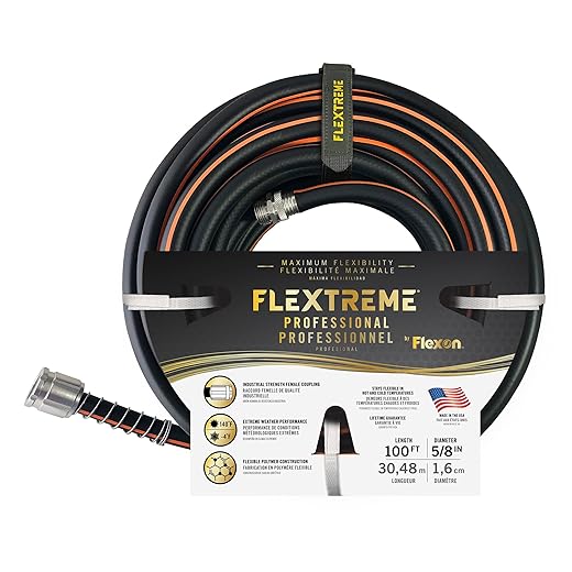 Flexon Flextreme Pro 5/8" x 100ft Performance Rubber Garden Hose – Heavy-Duty, Kink-Resistant, All-Weather Flexibility, Industrial-Grade Couplings, Durable Outdoor Watering Hose for Lawn & Garden