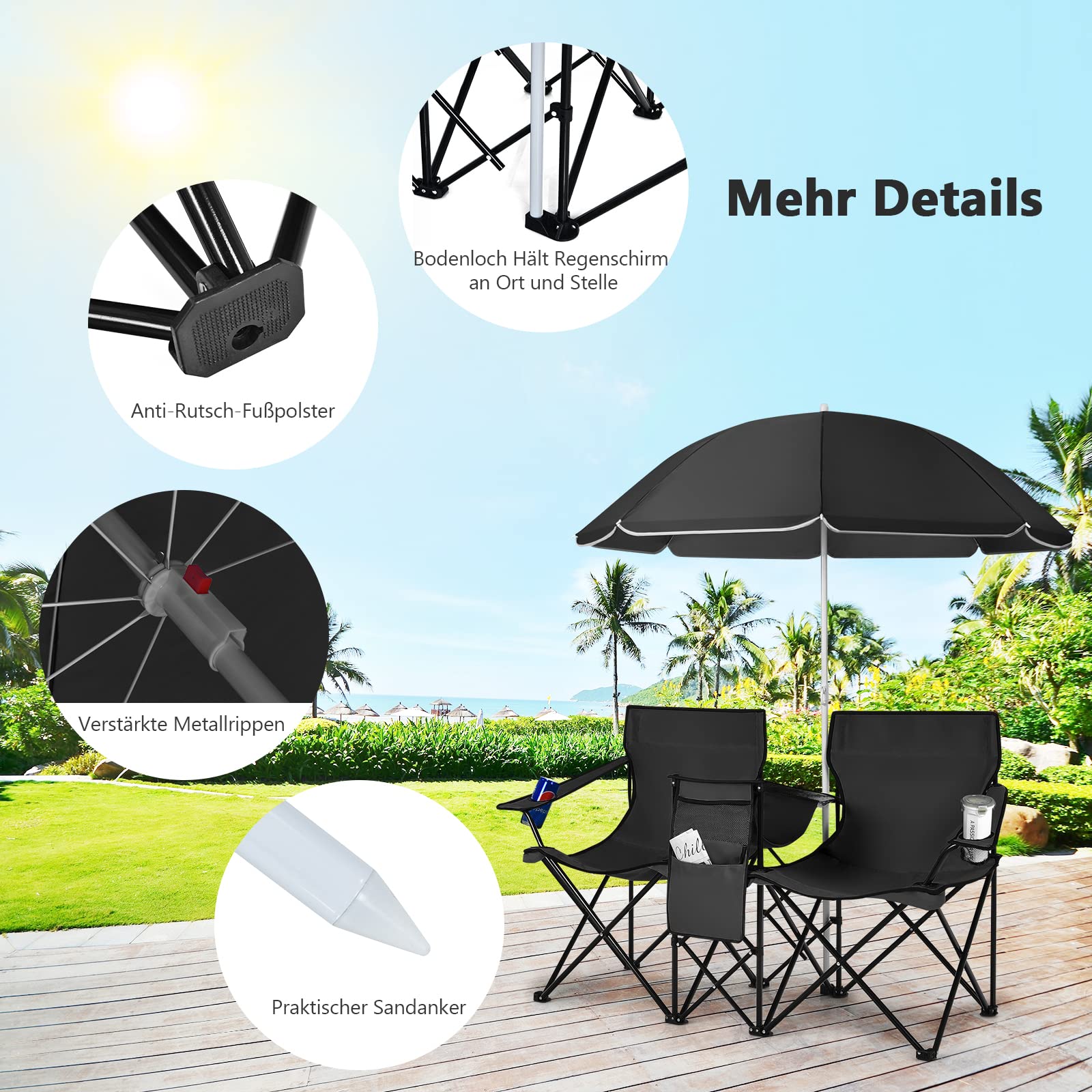 COSTWAY 2-Sitzer Campingstuhl mit Sonnenschirm, Kühltasche, Getränkehalter & Seitentasche, klappbarer Angelstuhl mit Tragetasche, Faltstuhl, Klappstuhl für Camping, Angeln, Picknick (Schwarz)
