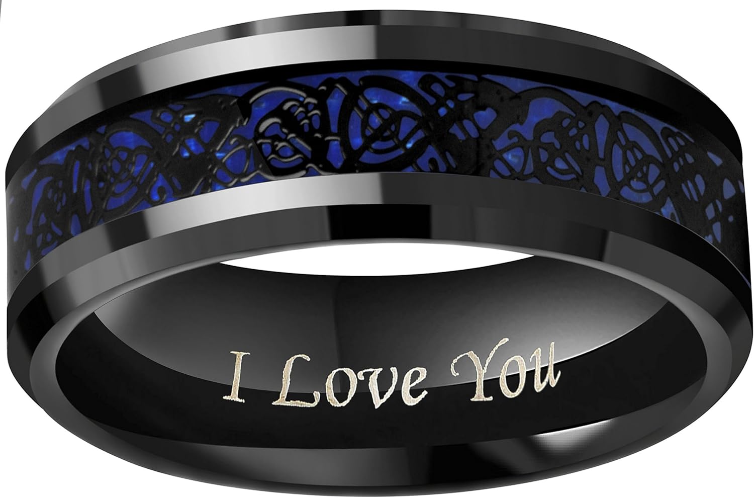 CROWNAL 6mm 8mm Blue Carbon Fiber Black Celtic Dragon Tungsten Carbide Wedding Band Ring Engraved I Love You Size 4 To 16 - Image 2