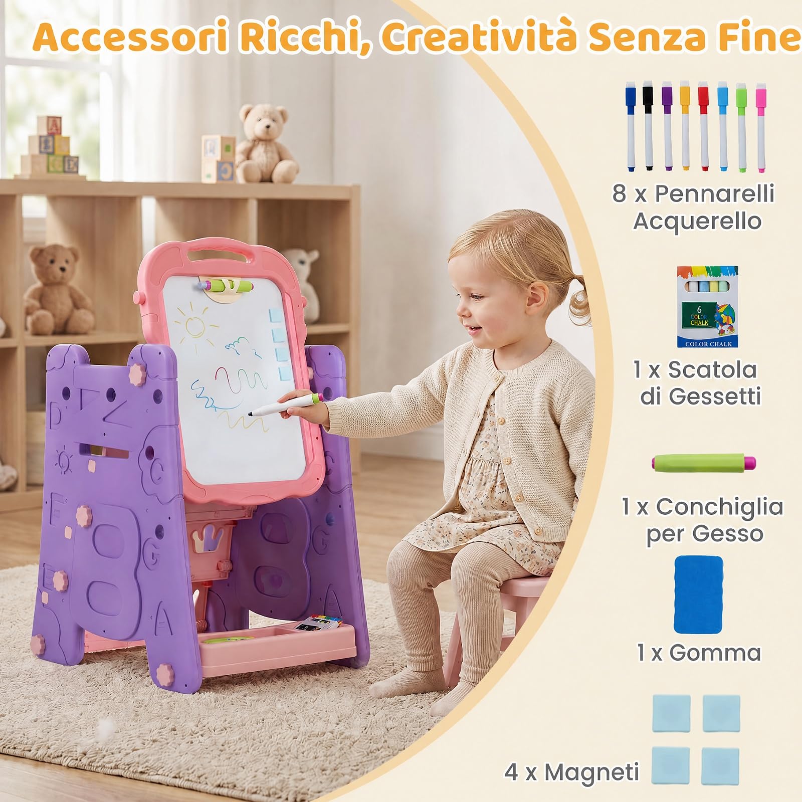 COSTWAY 3 in 1 Cavalletto per Bambini con Lavagna Bifacciale (Viola)