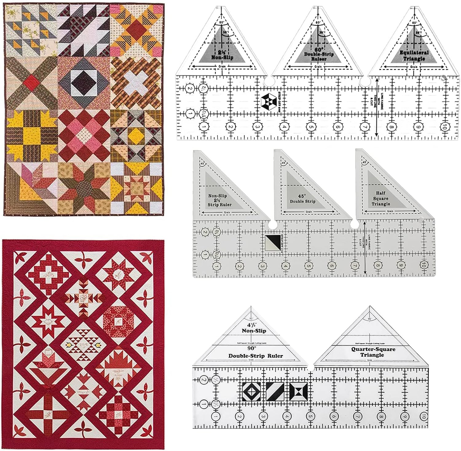 3PCS 10inch Double Strip Ruler Quilting, 45/60/90 Degree