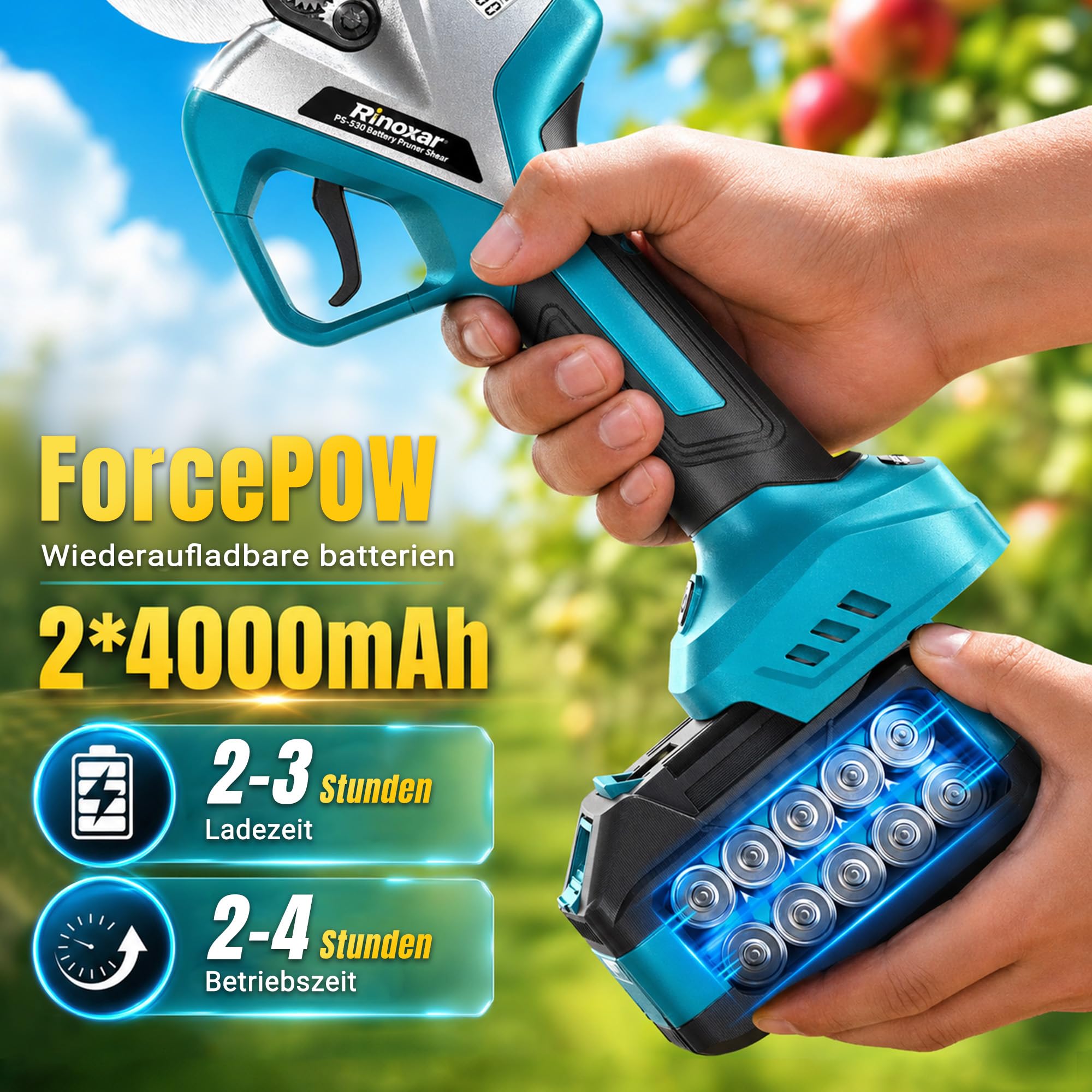Akku Astschere 50 mm Profi, Elektrische Gartenschere Kabellos mit 2 x 4000 mAh Akku, Bürstenloser Motor, LCD-Display, Astschneider für Garten, Äste und Obstbäume
