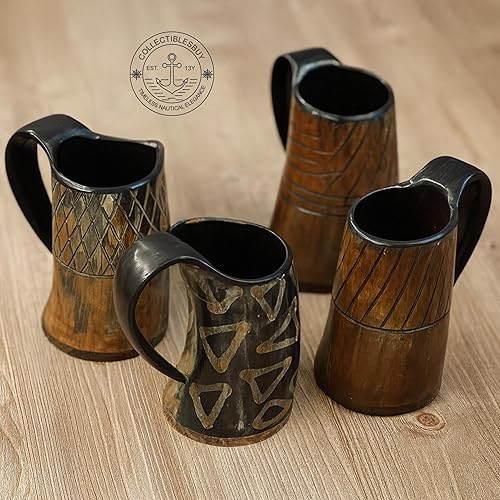 Miniatura 2 de Juego de 4 tazas vikingas de cuerno para beber, hechas a mano, Norse Ale & Mead Tankards | Vasos de cerveza medievales para bar de fiesta,