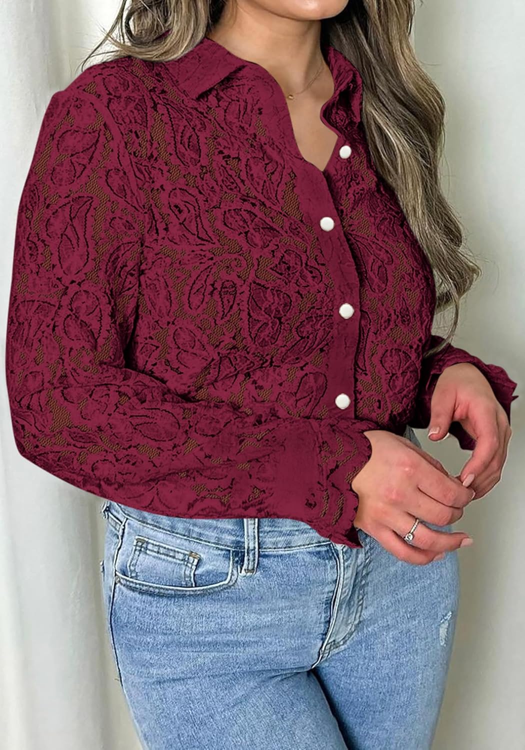 BTFBM Long Sleeve Lace Blouses for Women 2024 Fall Dressy Casual Button Down Shirts Date Night Outfit Club Party Tops - Image 7