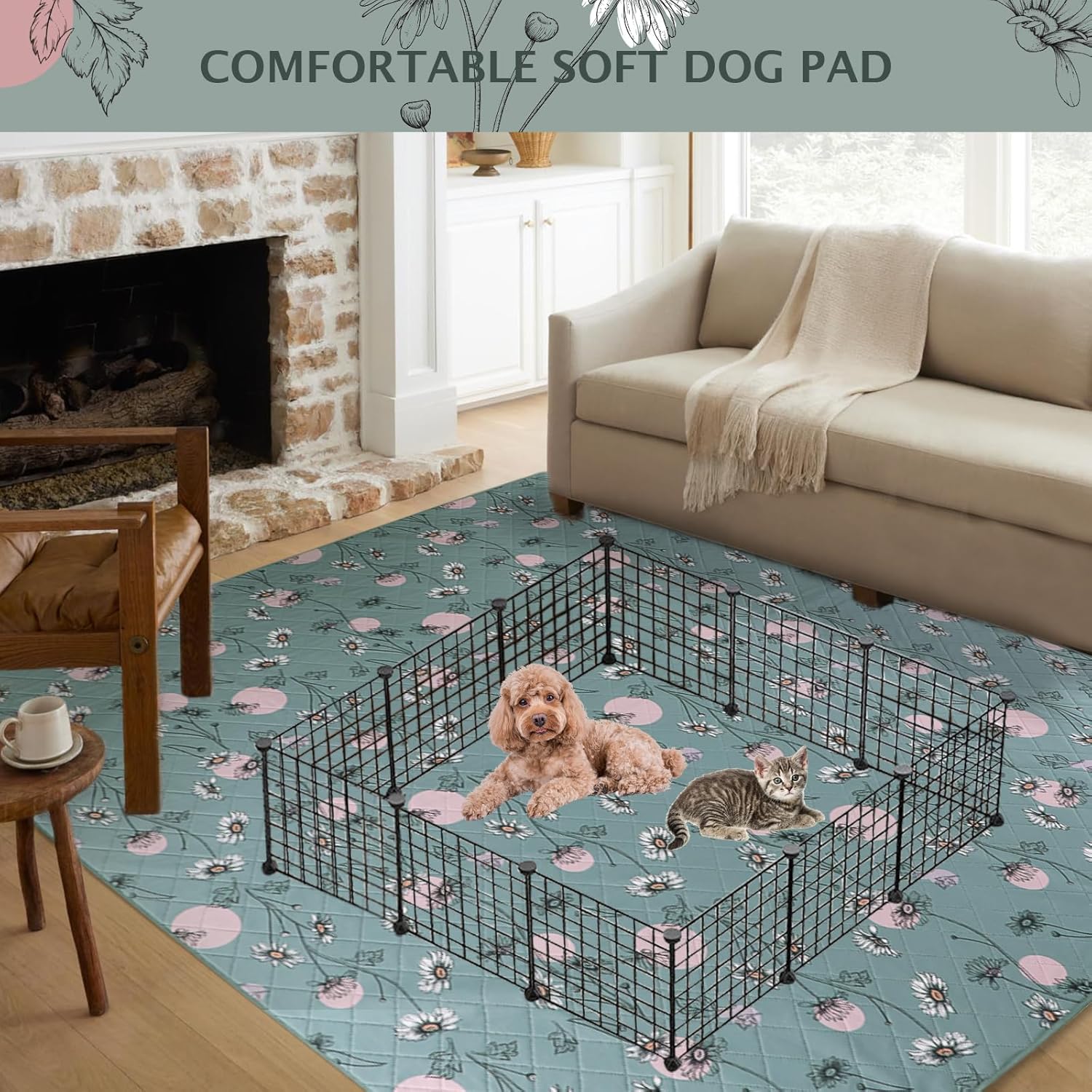 IEUUMLER Washable Pee Pads for Dogs, 1 Pack Non-Slip & Waterproof Pack Whelping Pad, Reusable Washable Puppy Potty Training Pad with Fast Absorbent for Playpen EU007 (Green Daisy, 63"X63"-1pcs)