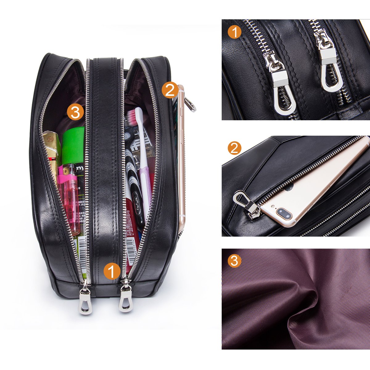 Contacts Homme Trousse de Toilette de Affaires Voyage en Cuir de Vache avec Grande Capacité Double Fermeture Éclair
