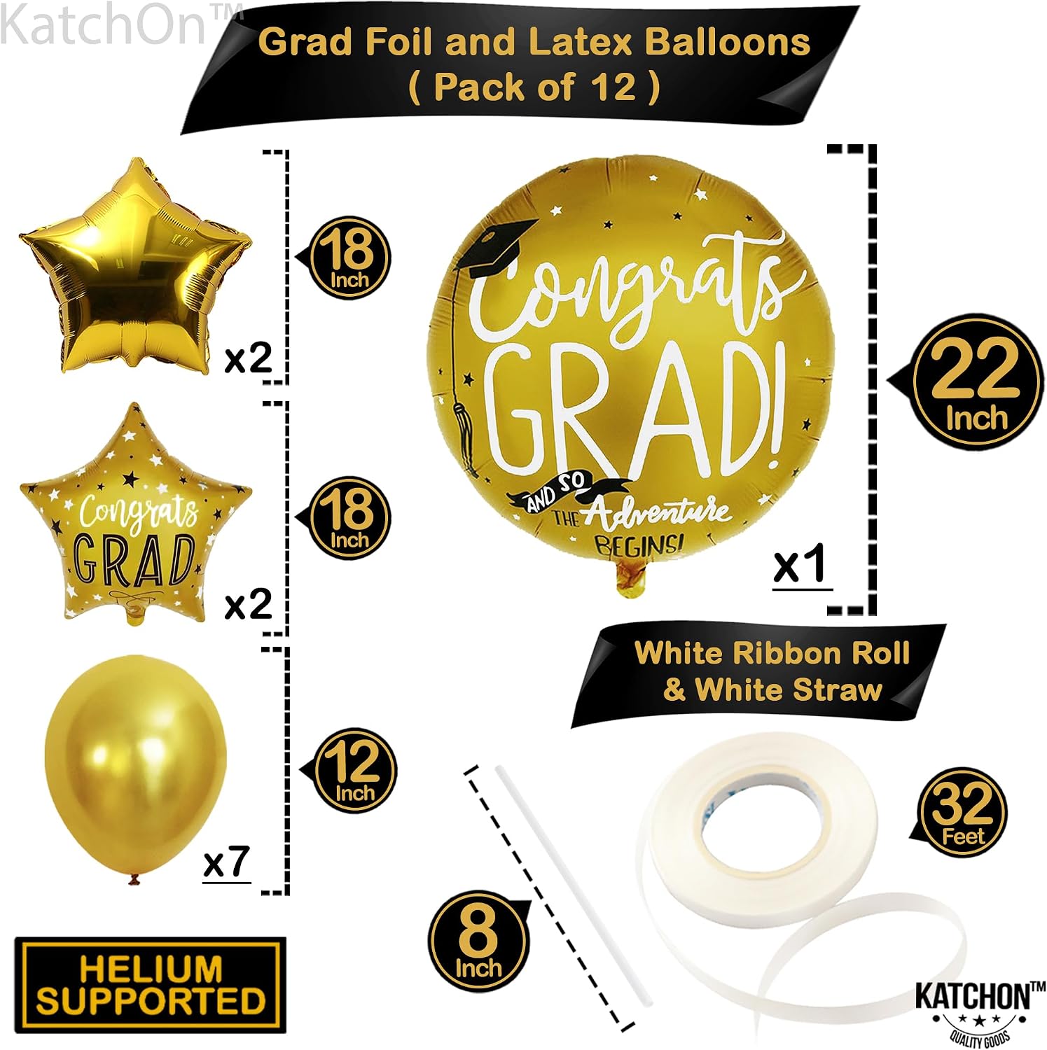 KatchOn, 12 Pack Gold Congratulations Balloons - 22 Inch, Congrats Grad Balloon and Star Graduation Balloons | Graduation Decorations 2026 Grad Balloons for Graduations Party Decorations