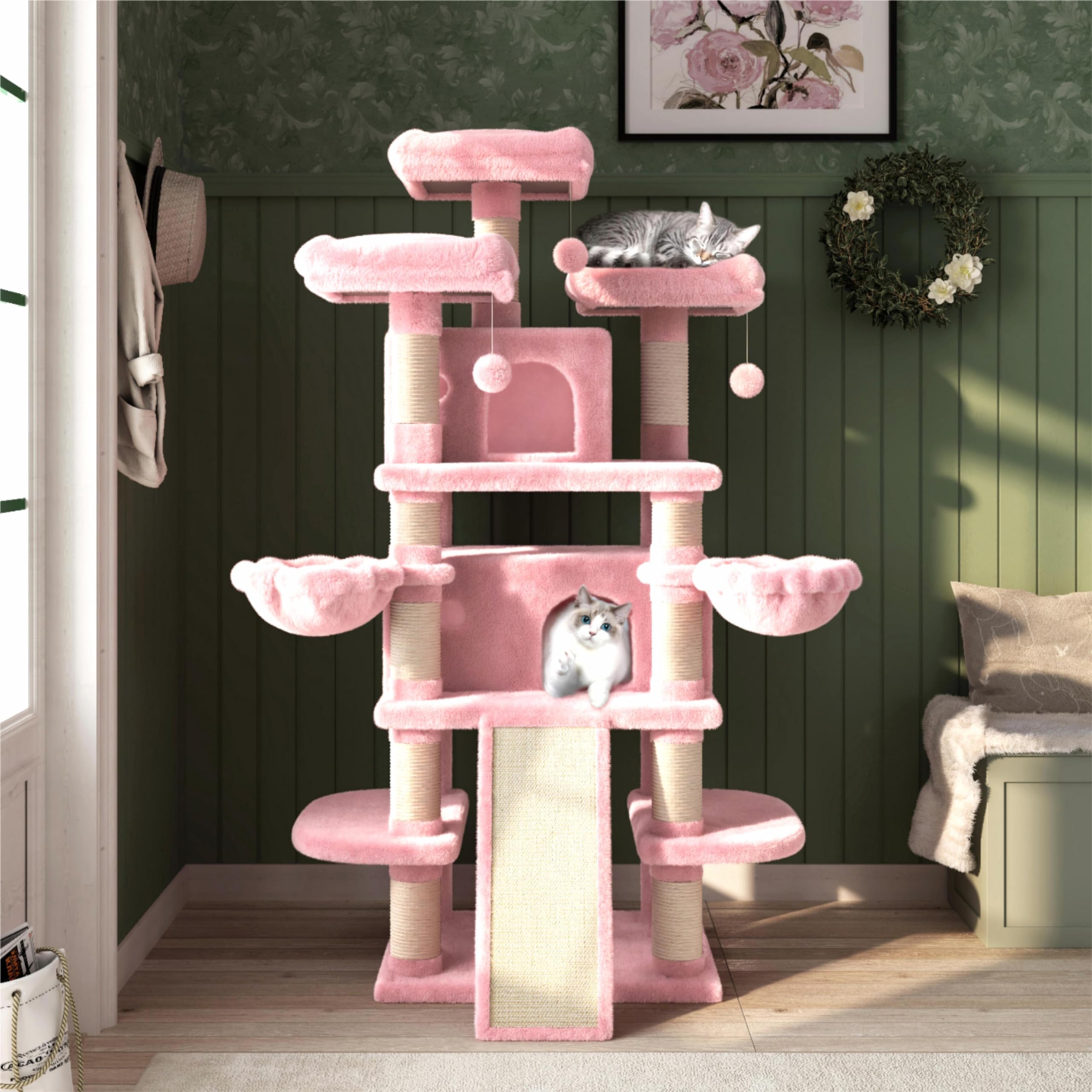 MUTICOR 68 Inches Multi-Level Large Cat Tree Tower with Condo/Cozy Plush Perches/Sisal Scratching Posts and Hammocks/?Feline Activity Center Play House/Wide Base/Pink