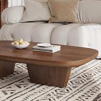 Mid Century Modern Wood Coffee Table with Rounded Edges and Unique Dual Leg Design, Easy Assembly Brown Living Room Center Table, 51.2 Rectangular Tea Table