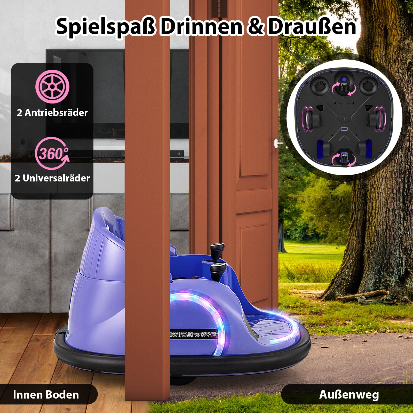COSTWAY 12V Autoscooter Kinder mit Fernbedienung, Elektro Bumper Car mit 360° Drehnug, Musik & Licht, Kinder Elektroauto für Kleinkinder ab 18 Monaten (Lila)