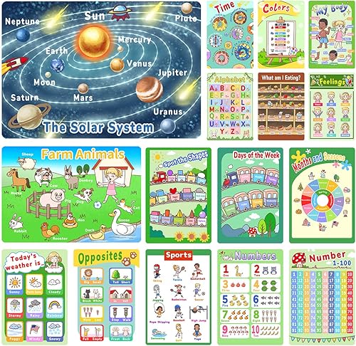 Carteles educativos para niños preescolares 1-100 números gráficos paquete de 16 carteles de aprendizaje preescolar para pre K-K tabla ABC para