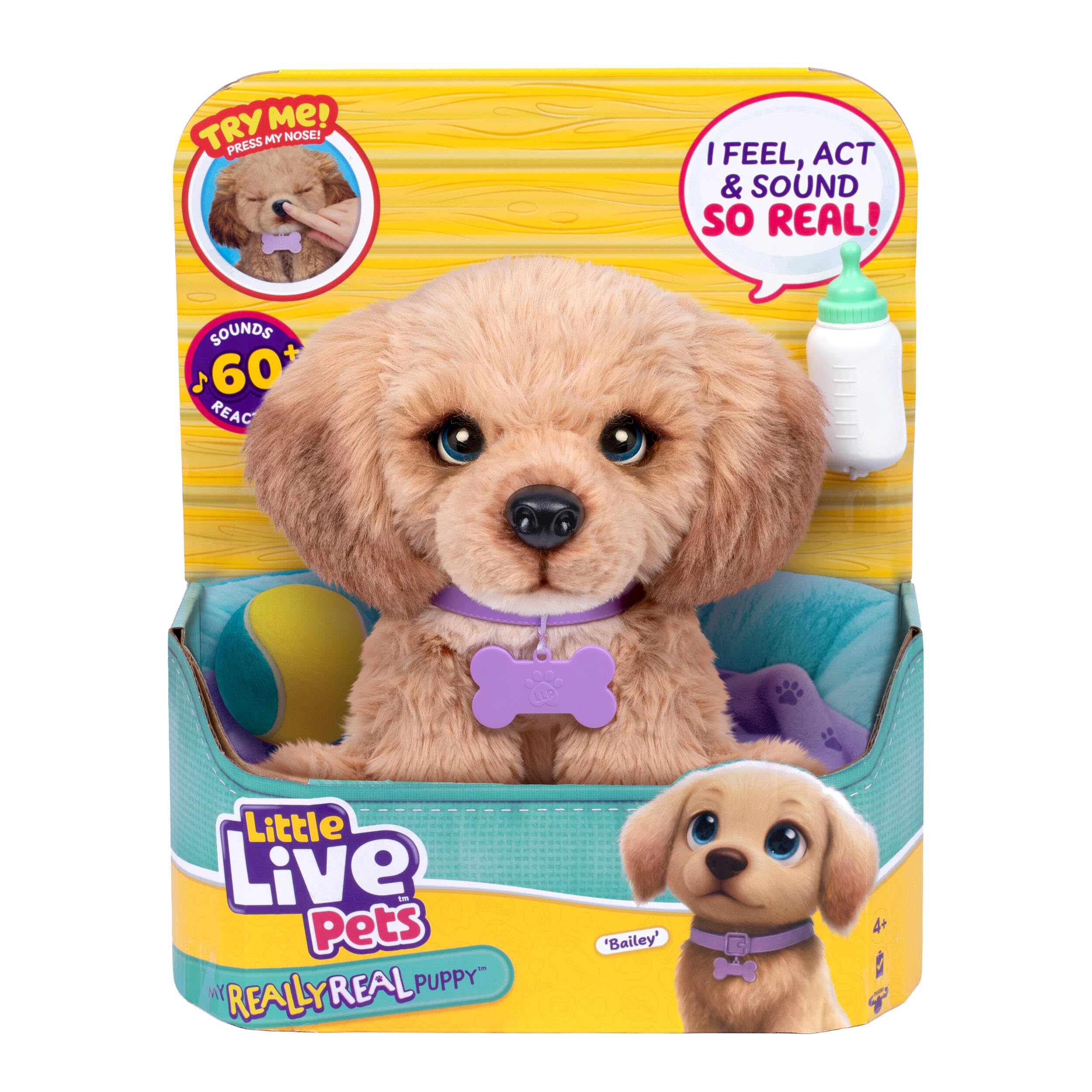 Little Live Pets My Really Real Puppy - Bailey - Peluche Interactivo con +60 Sonidos y reacciones - 32,8 cm - Parpadeo Realista - Come y emite Sonidos como un Perrito de Verdad - A Partir de 4 años