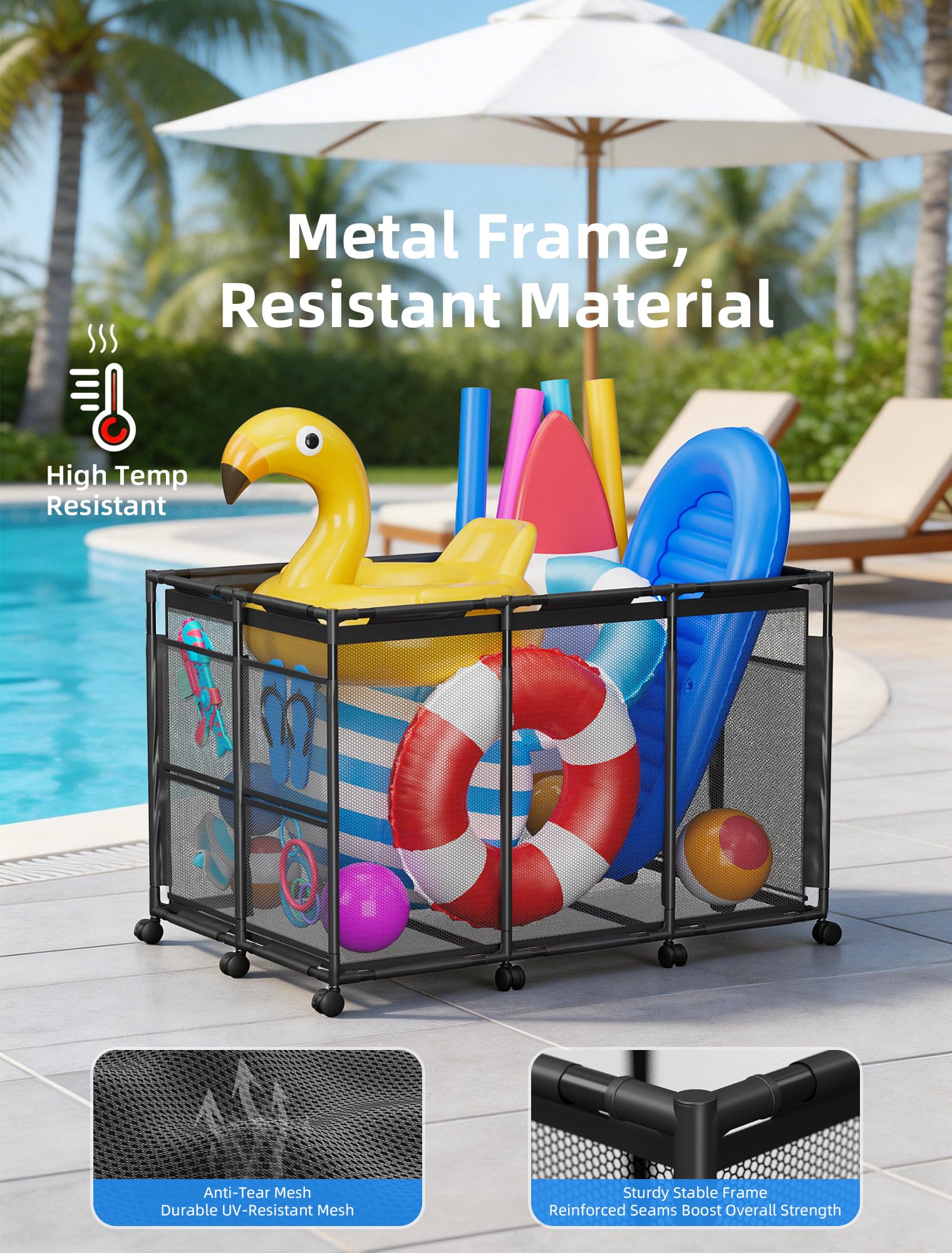 Contenitore galleggiante per piscina, contenitore per noodles, occhiali, galleggianti e palline, grande organizer per giocattoli da piscina all'aperto con ruote per accessori da nuoto, nero