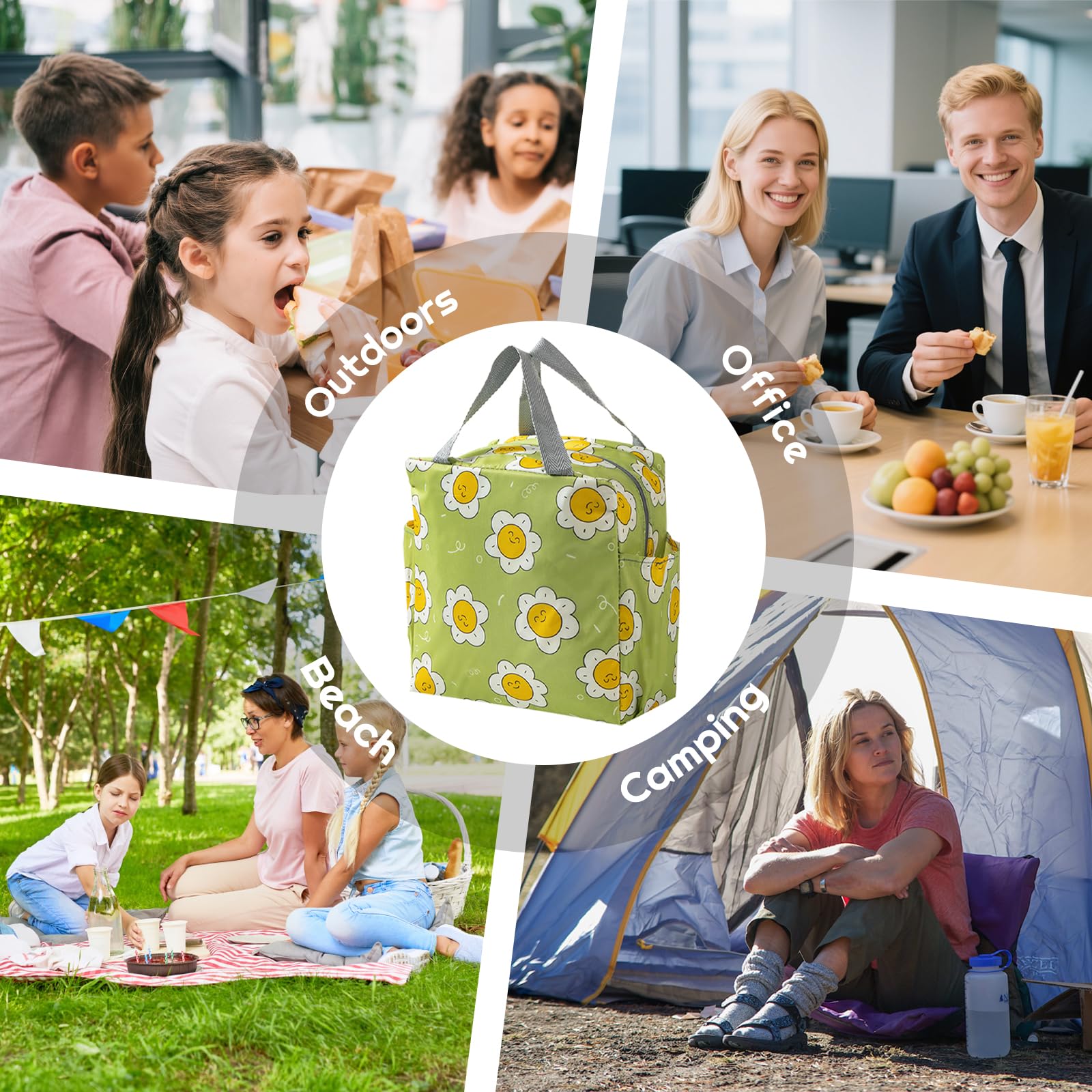SUOXU Lunch Insulation Bag, Lunch Box Bag, Mini Waterproof Lunch Tote Bag (Green-Flower) - Image 3