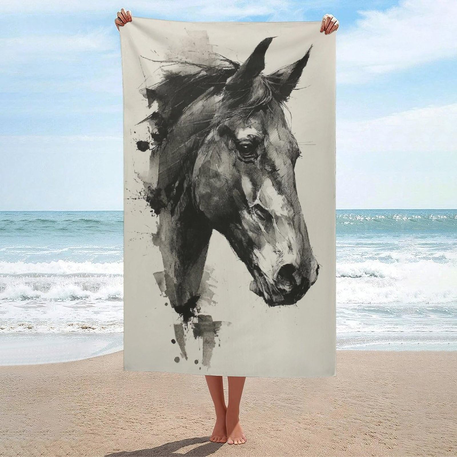 LSRCPD Horse Head Beach Towel Sand Free Microfiber Large Shower Towels Multipurpose Absorbent for Bathroom Pool 130x80 CM