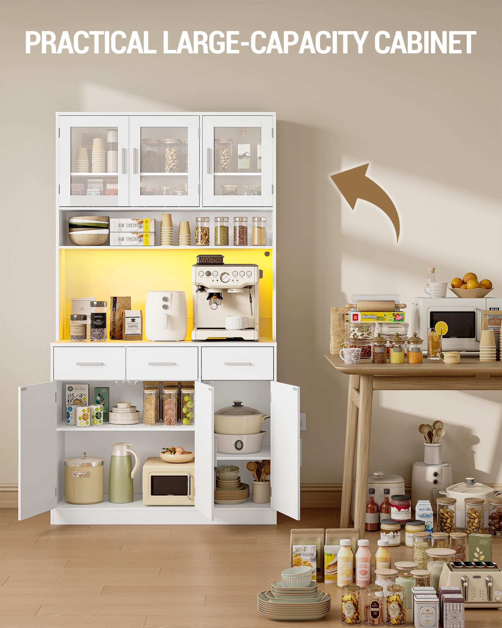 Hzuaneri Buffetschrank, Küchenschrank mit 3 Schubladen, Hochschrank | mit Steckdosenleiste und LED, 3 Schranktüren mit Glasfront, Küche, Wohnzimmer, 40 x 100 x 190 cm, Weiß, PT10103XEU