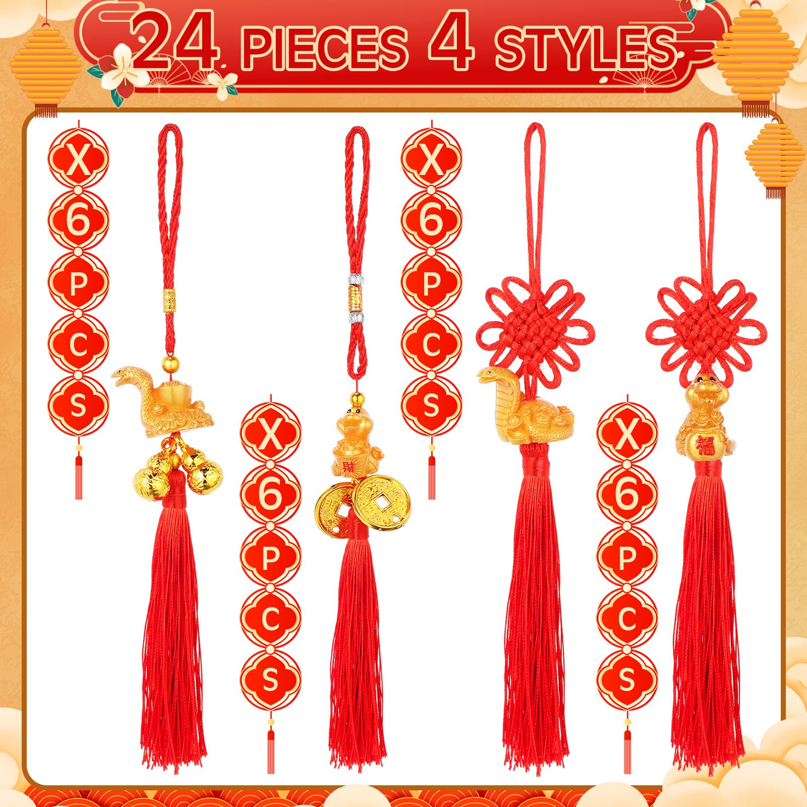 Yuxung 24 Pcs Chinese New Year Decorations 2025 Year of The Snake Pendant Chinese Wealth Snake Knot Tassel for Bonsai Car Hanging Charm Spring Festival Party Supplies