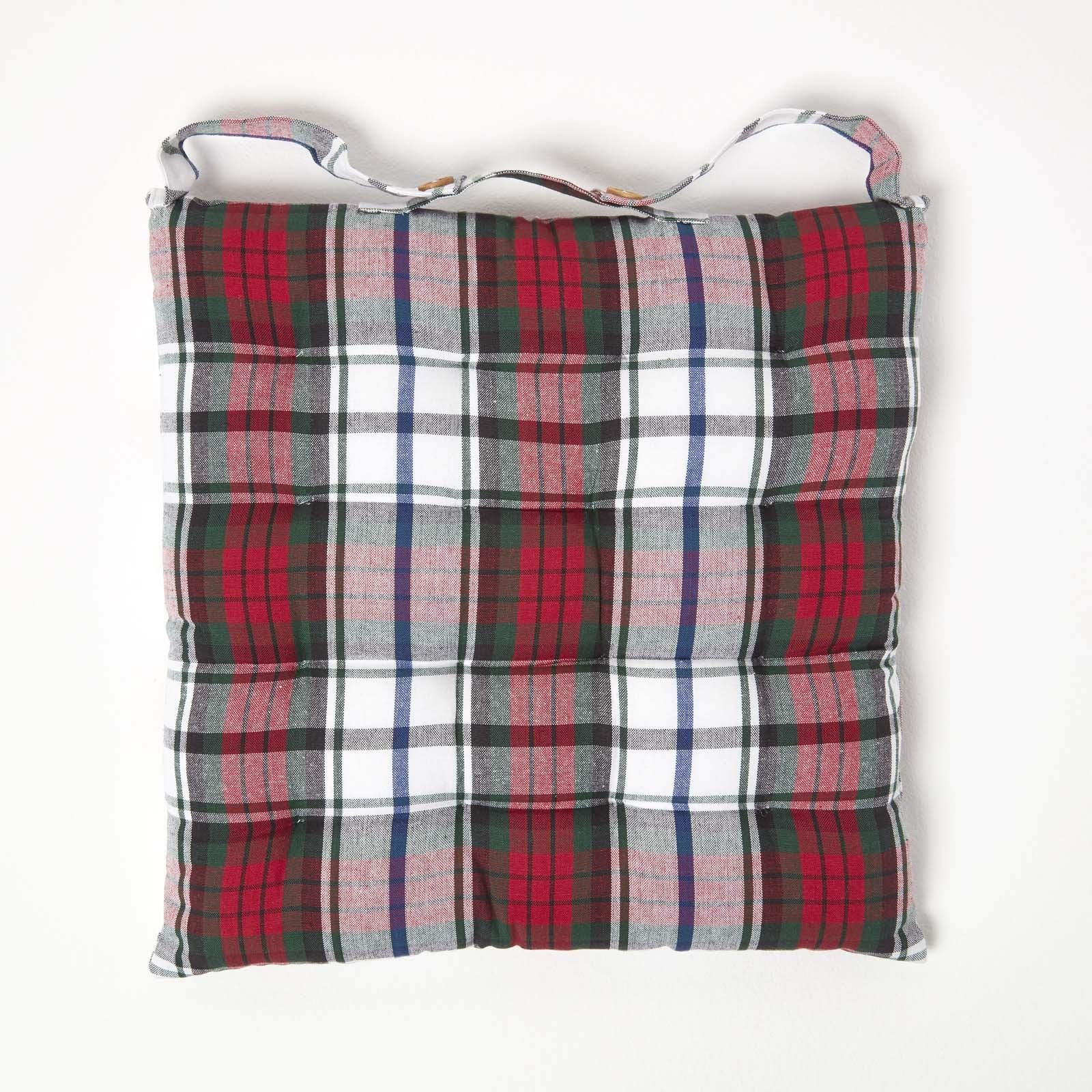 HOMESCAPES Cuscino quadrato per sedia 40 x 40 cm, set di 4 cuscini per sedia trapuntati in cotone, plaid scozzese rosso