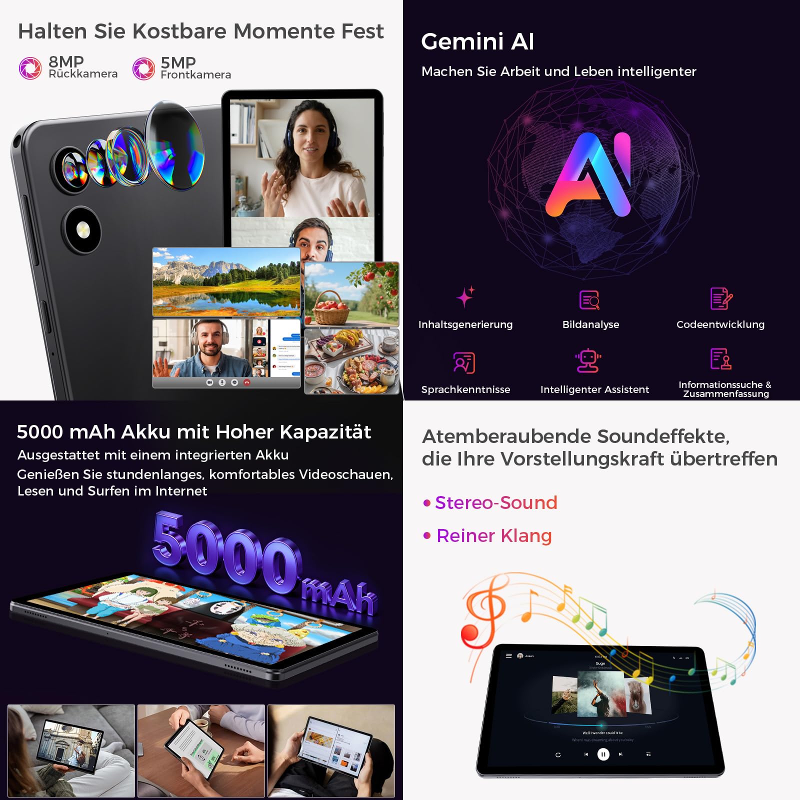 2026 Neuestes Tablet 10.1 Zoll Android 16 mit Gemini AI, 16GB RAM + 64GB ROM, GMS Widevine L1, WiFi 6 & BT 5.2, Dünn und leicht Tablet mit Gesichtserkennung (Grau)