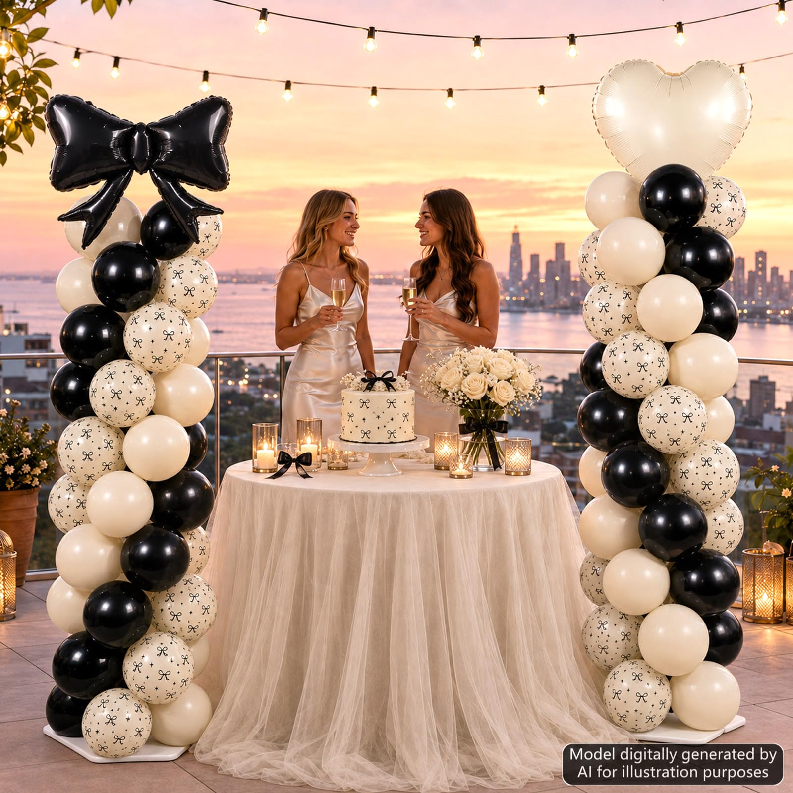 Palloncino a forma di cuore bianco a forma di racchetta con fiocco nero, decorazione con supporto