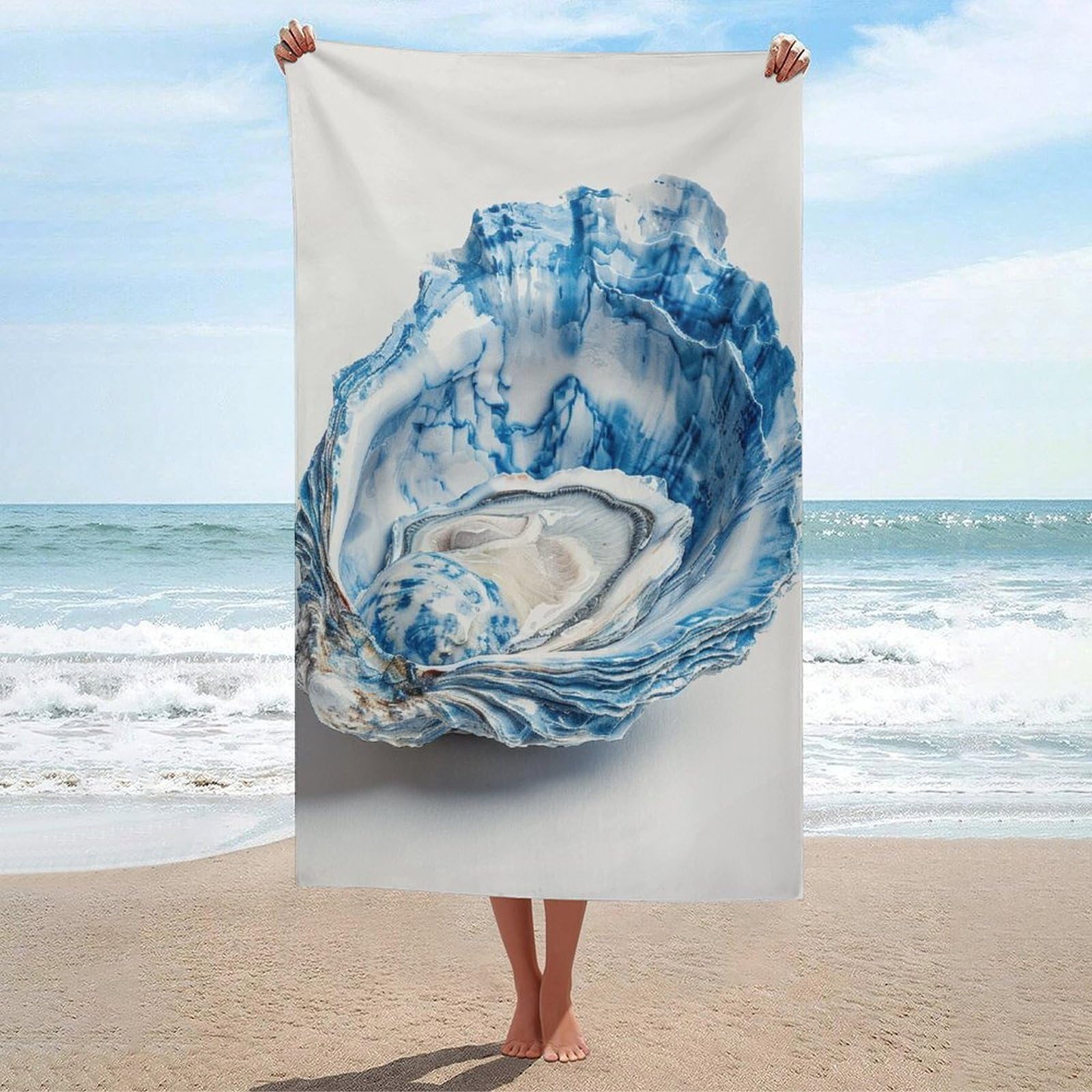 asbwuo Elegant Blue Oyster Shell Beach Ocean Themed Beach Towel