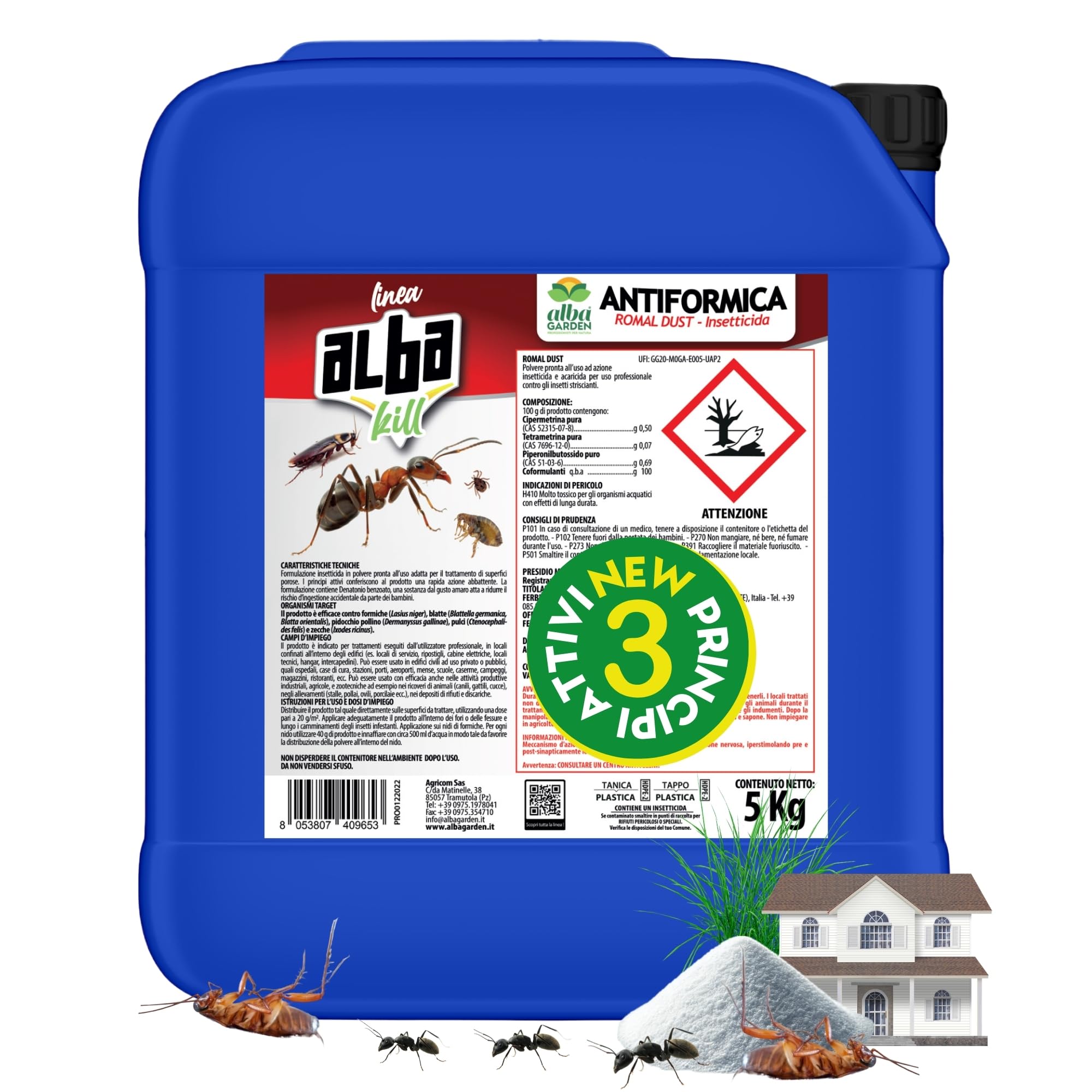 Albagarden - Insetticida Formiche 5 Kg - Veleno In Polvere Bagnabile per tutti gli Ambienti Esterni e Interni Anti Formiche Scarafaggi Grillotalpa Pulci Zecche, Orto Casa e Giardino