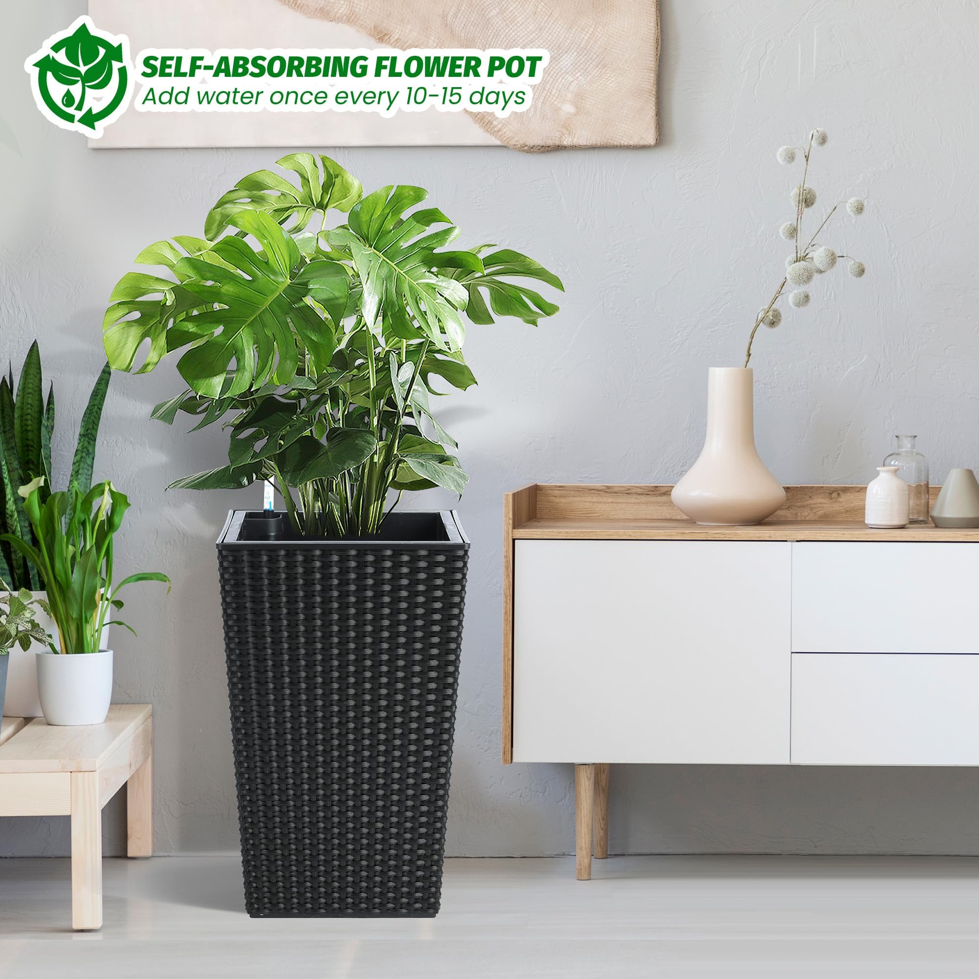 Garvee Lot de 2 Grands Pots de Fleurs en rotin – Réservoir d'eau intégré, indicateur de Niveau, roulettes, soucoupes – Idéal intérieur/extérieurérieur, terrasse, Balcon, Bureau – Coloris : Noir
