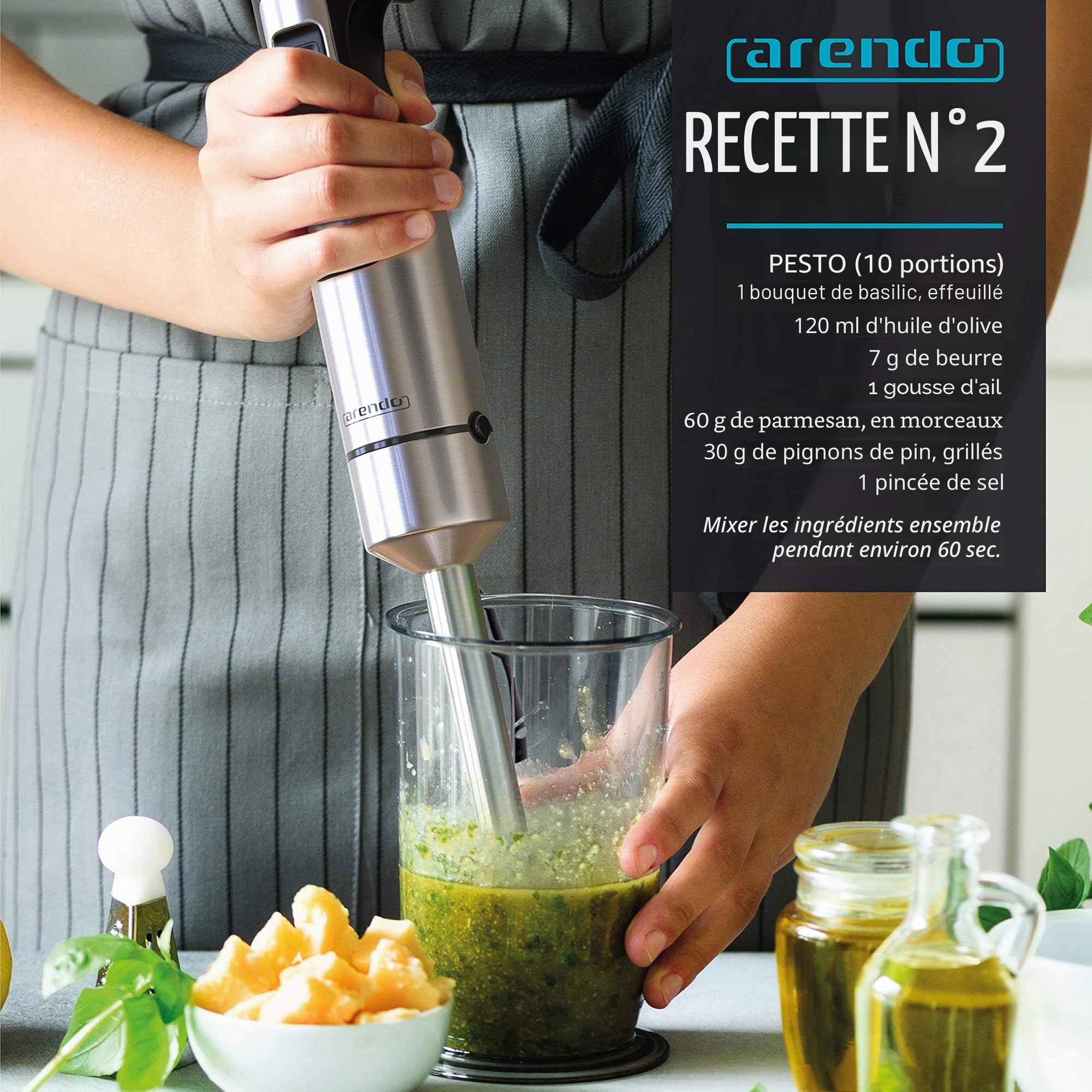 Arendo - Mixeur plongeant 1000 W en acier inoxydable - Couteau à quatre lames - Mélangeur à purée - Réglage en continu de la vitesse - Bouton turbo - Pied mixeur amovible