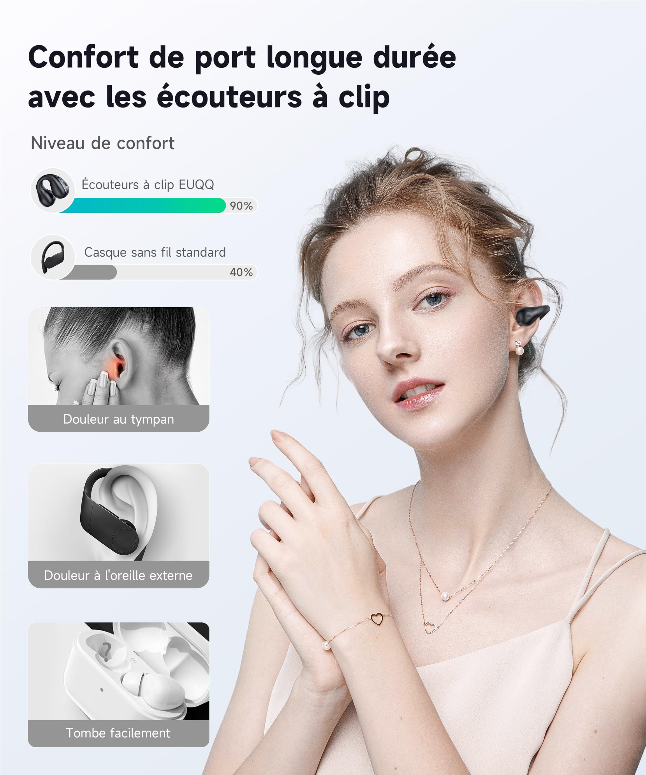 EUQQ Écouteurs Bluetooth sans Fil Sport Clip-on à Conduction Osseuse