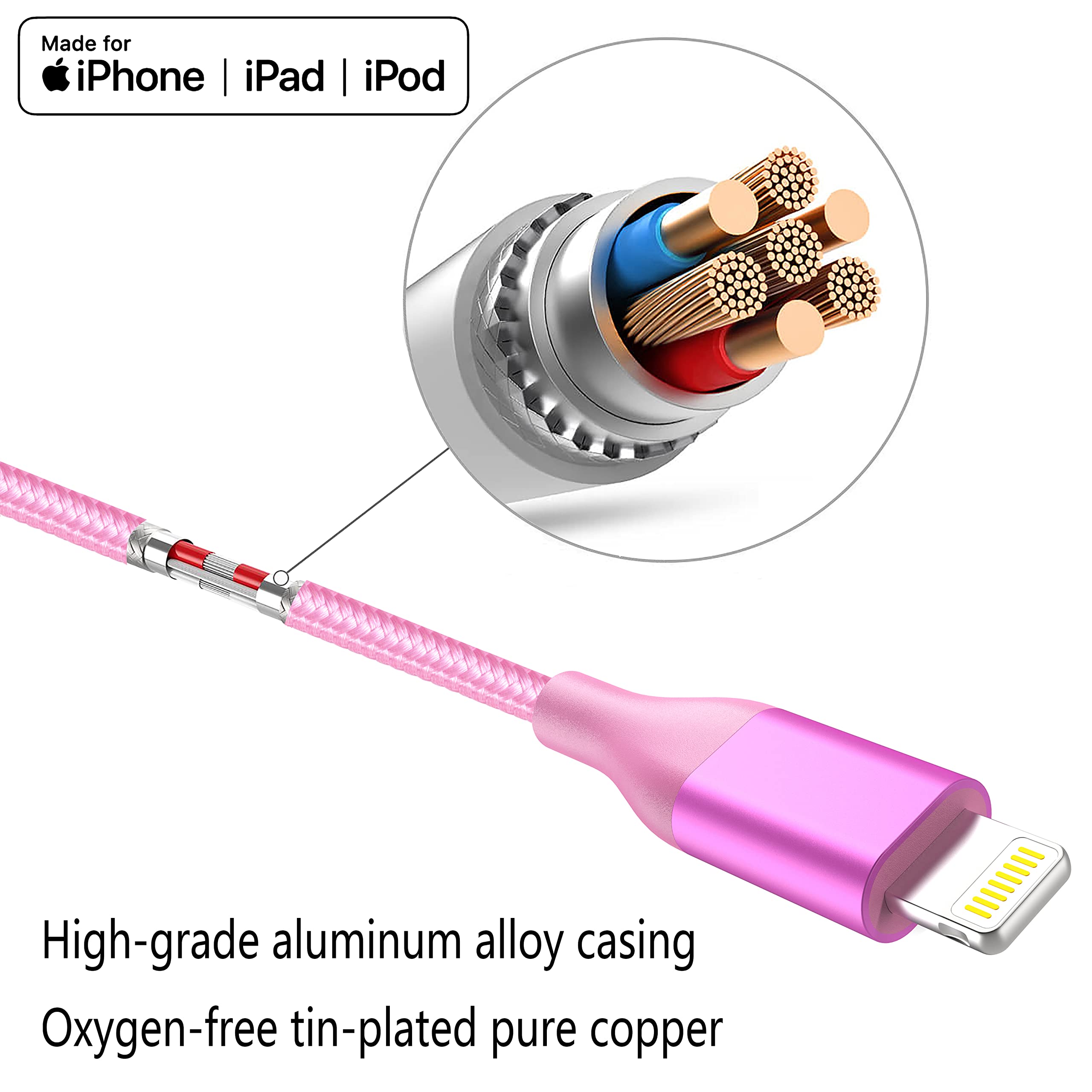 Paquete de 4 cables lightning de 6 pies en 4 colores para carga de iPhone, cable USB de nailon trenzado con certificación MFi para iPhone 13 12 11Pro MAX Xs XR X 8 7 6S 6 Plus SE 5S 5C, iPod y iPad 2