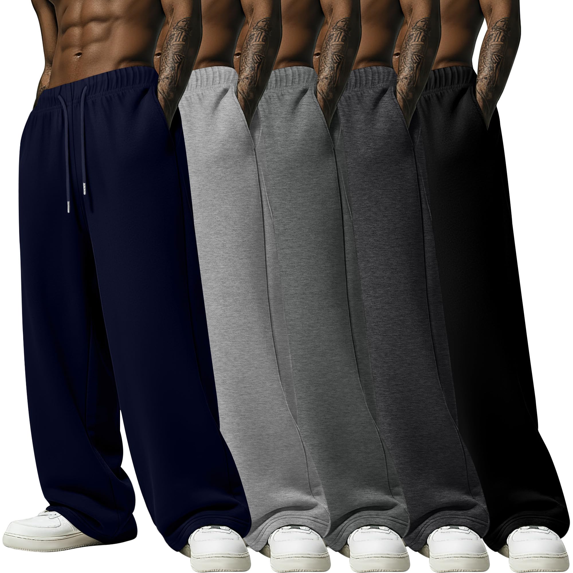 5 Pack Mens Lightweight Baggy Sweatpants Straight Leg Open Bottom Drawstring Pants with 3 Pockets