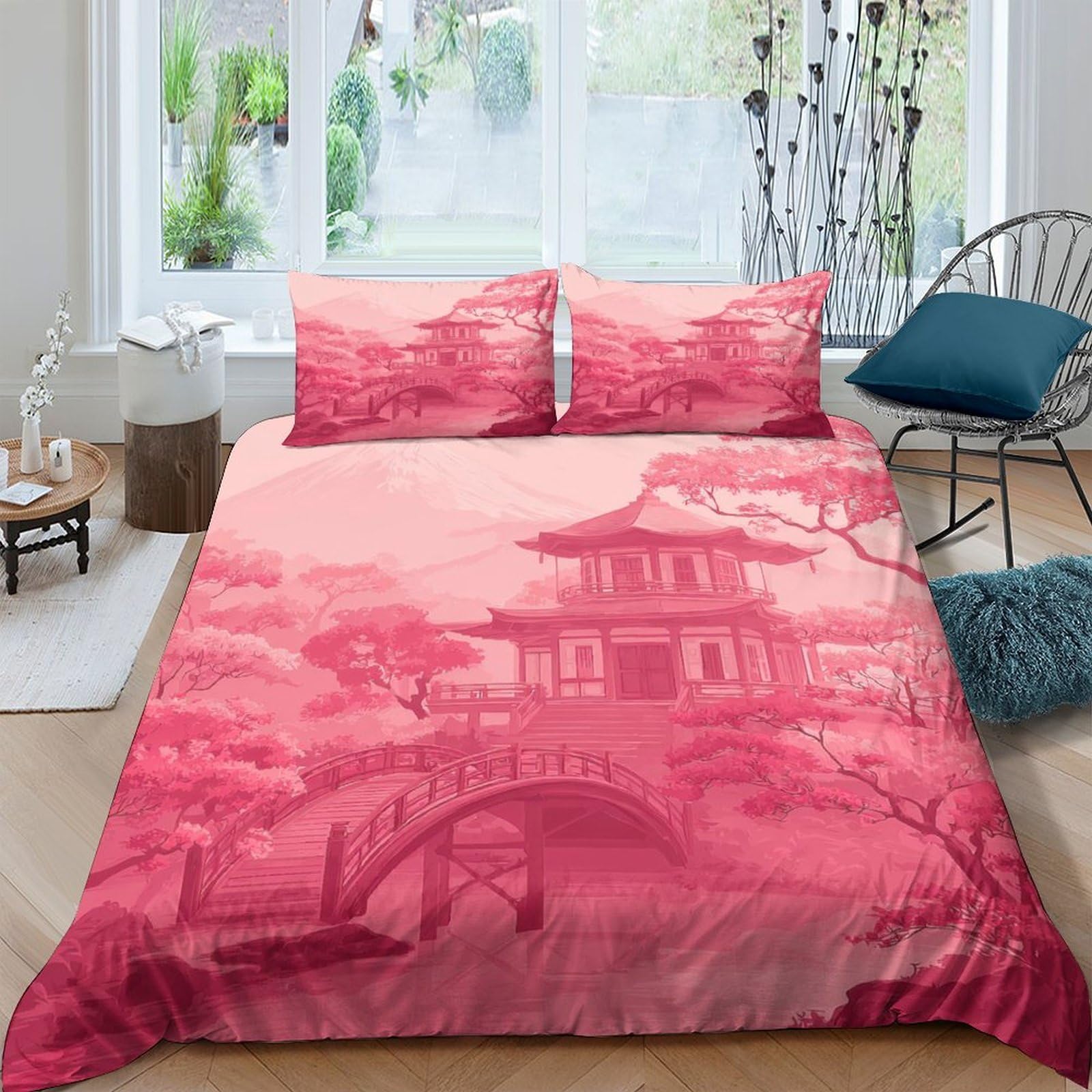 Ctjqhvkz Style-5 3D Printed Pink Oriental Pagoda Fitted Sheet Microfiber Bedroom Decor Bridge Mattress Cover For Home Guest Room Single（135X200cm）