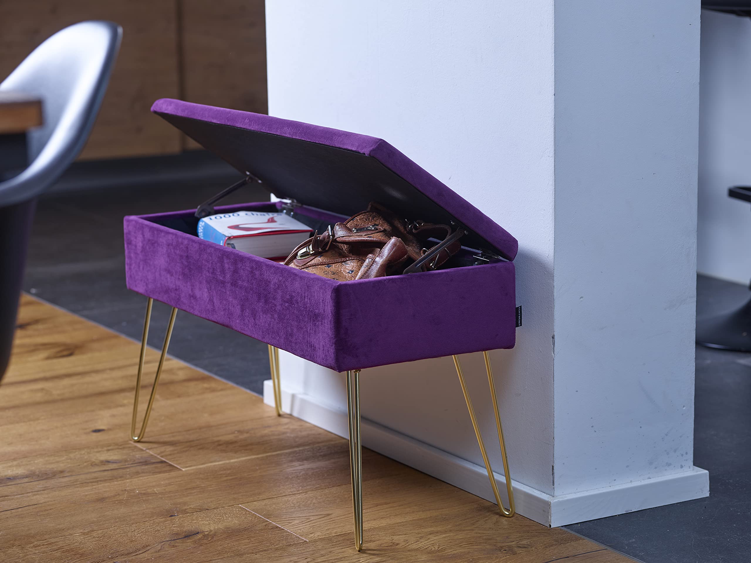 ECHTWERK Banquete Scarlett-Banco Acolchado con Funda de Terciopelo (Rectangular, con Espacio de Almacenamiento, Patas de Metal, Baya), Mezcla de poliéster, Frutas del Bosque, 75 x 30 x 42 cm