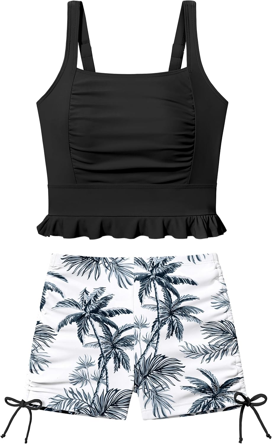 Girls Swimsuit Two Piece Bathing Suit Ruffle Trim Swimsuits for Girls Tankini with Drawstring Shorts Swimwear 9-18Y