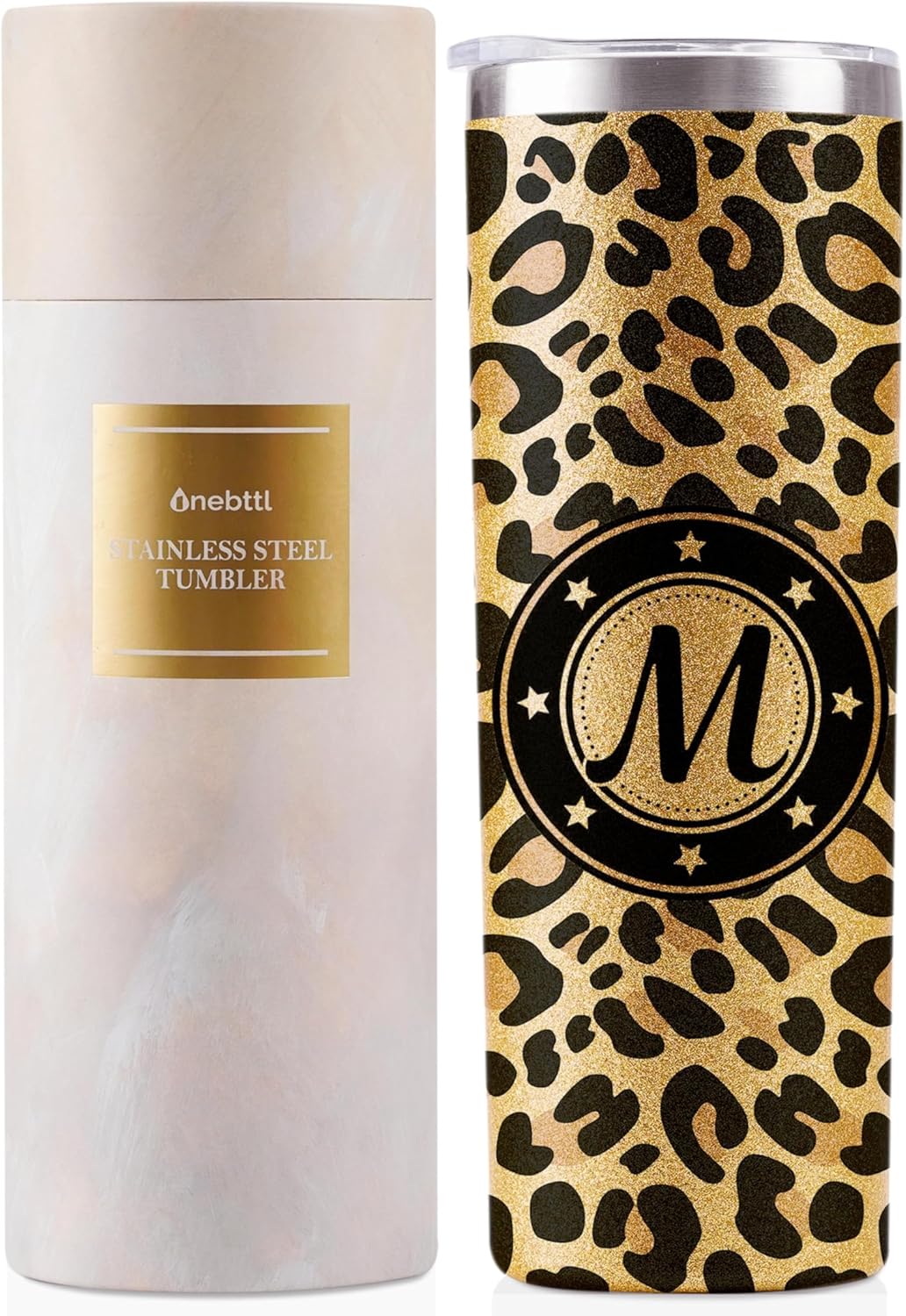Onebttl Personalized Leopard Cup with Initial - Unique Gifts for Women Who Have Everything on Birthday, Christmas - 20 oz Double-Wall Vacuum Tumbler with Lid and Straw - Golden Glitter - Letter M