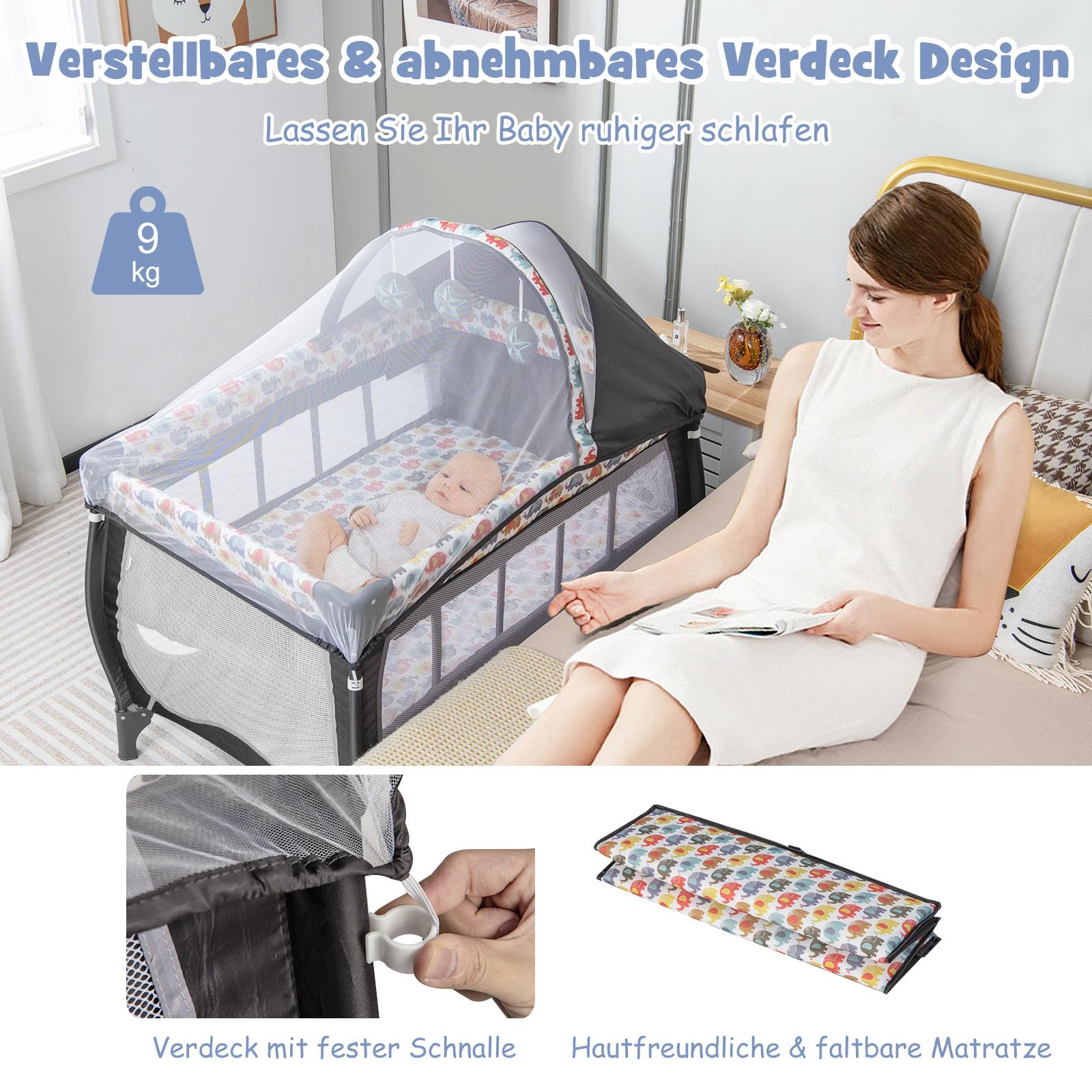 COSTWAY 4-in-1 babybed met afneembaar luifel, reisbed met matras