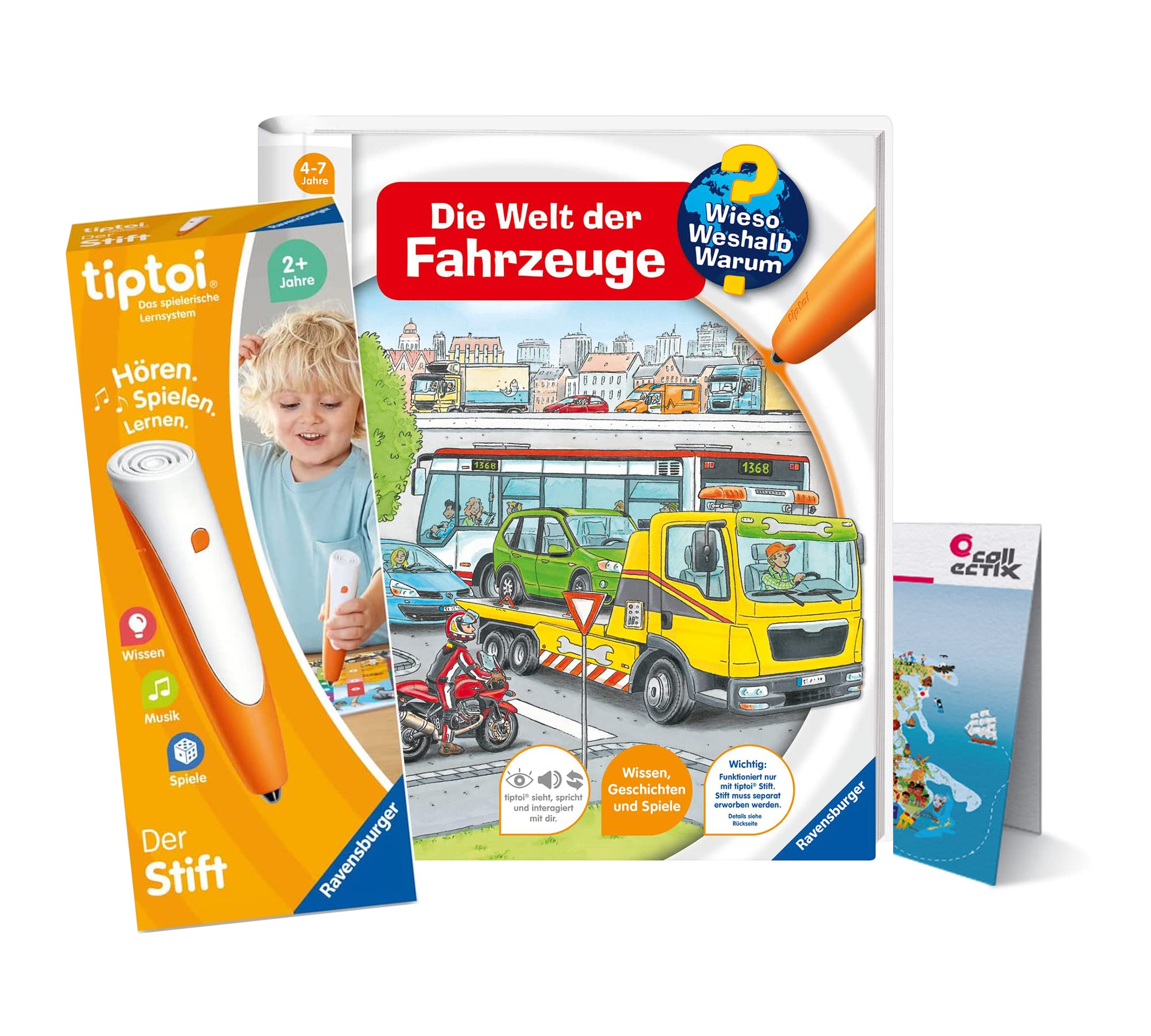 tiptoi Zestaw Ravensburger : Dlaczego? Dlaczego? Świat pojazdów (książka dla dzieci) + długopis 00110 + mapa świata dla dzieci, zabawka edukacyjna dla dzieci