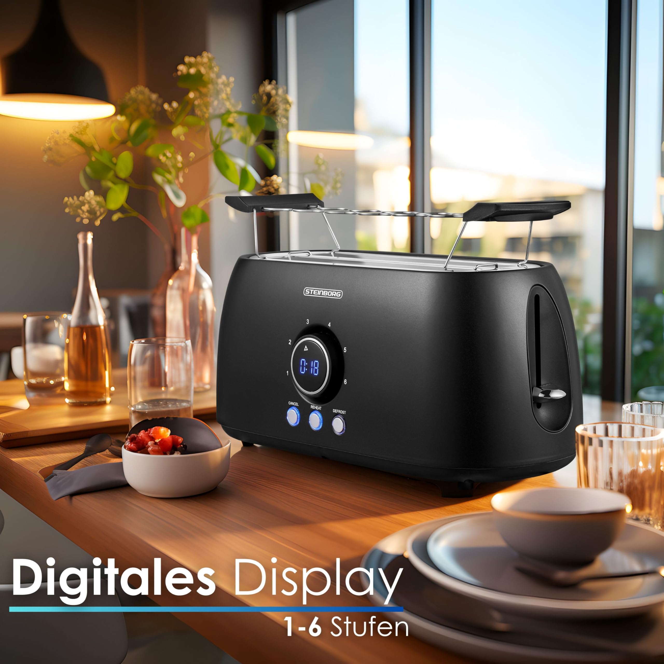 Tostapane XXL 4 fette nero display digitale grande, elegante, ampio, lungo con inserto per panini, stretto, spegnimento automatico