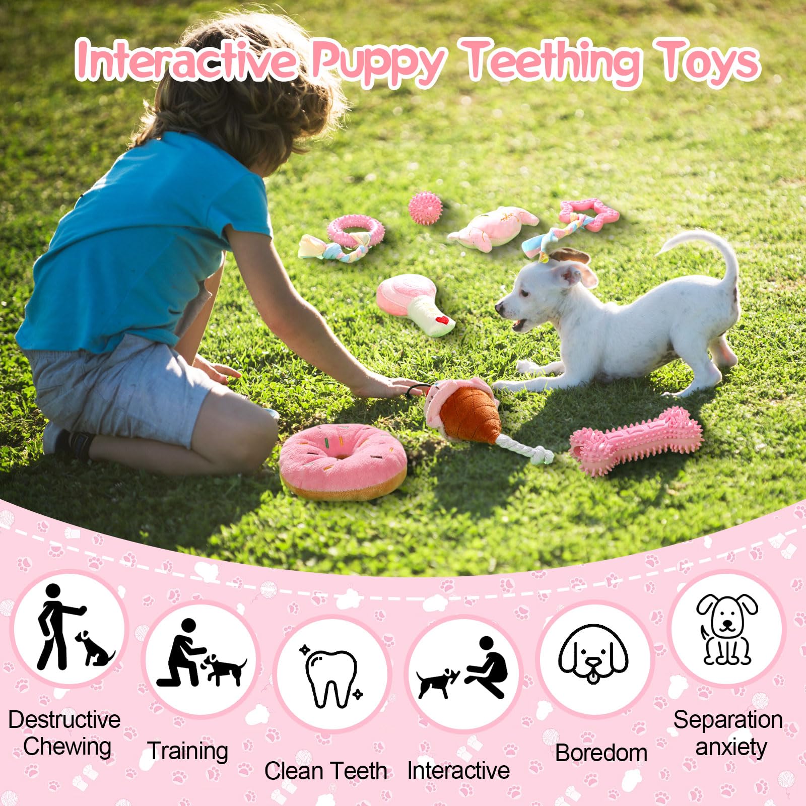 MiniInflat Paquete de 14 juguetes para cachorros para dentición, juguetes masticables para cachorros, perros pequeños, juego de juguetes rosados, lindas bolas de goma suave para limpieza de dientes de