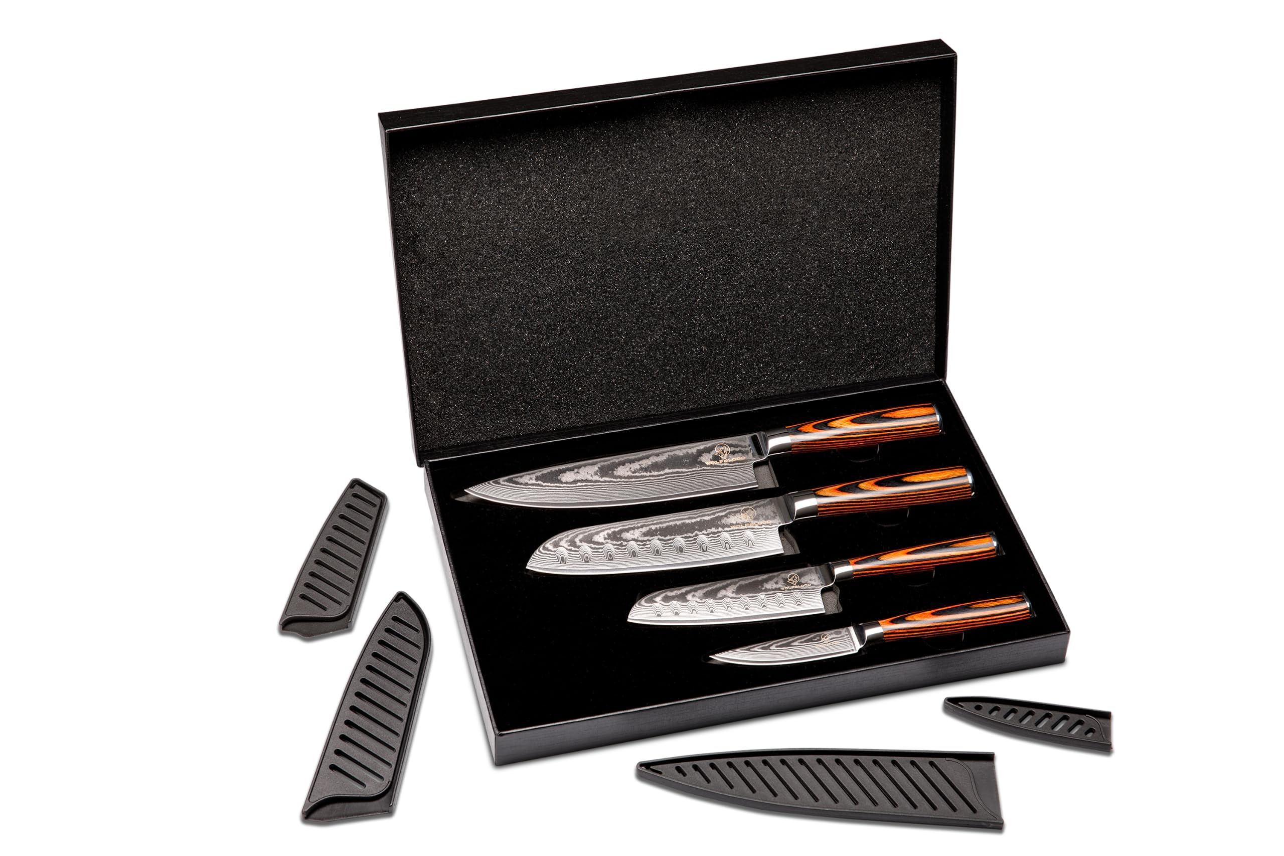 Wolfblood 4er Damastmesser Set (32, 30, 24 und 20 cm) TÜV geprüfter 62 HRC Damaststahl aus 67 Lagen I Damast Küchenmesser Set mit Chefmesser Santokumesser Klingenschutz & Geschenkbox
