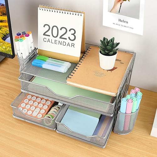 Miniatura 5 de Gianotter Organizador de cajones de escritorio de 3 niveles con 2 soportes para bolígrafos, accesorios de escritorio y organizadores de espacio de