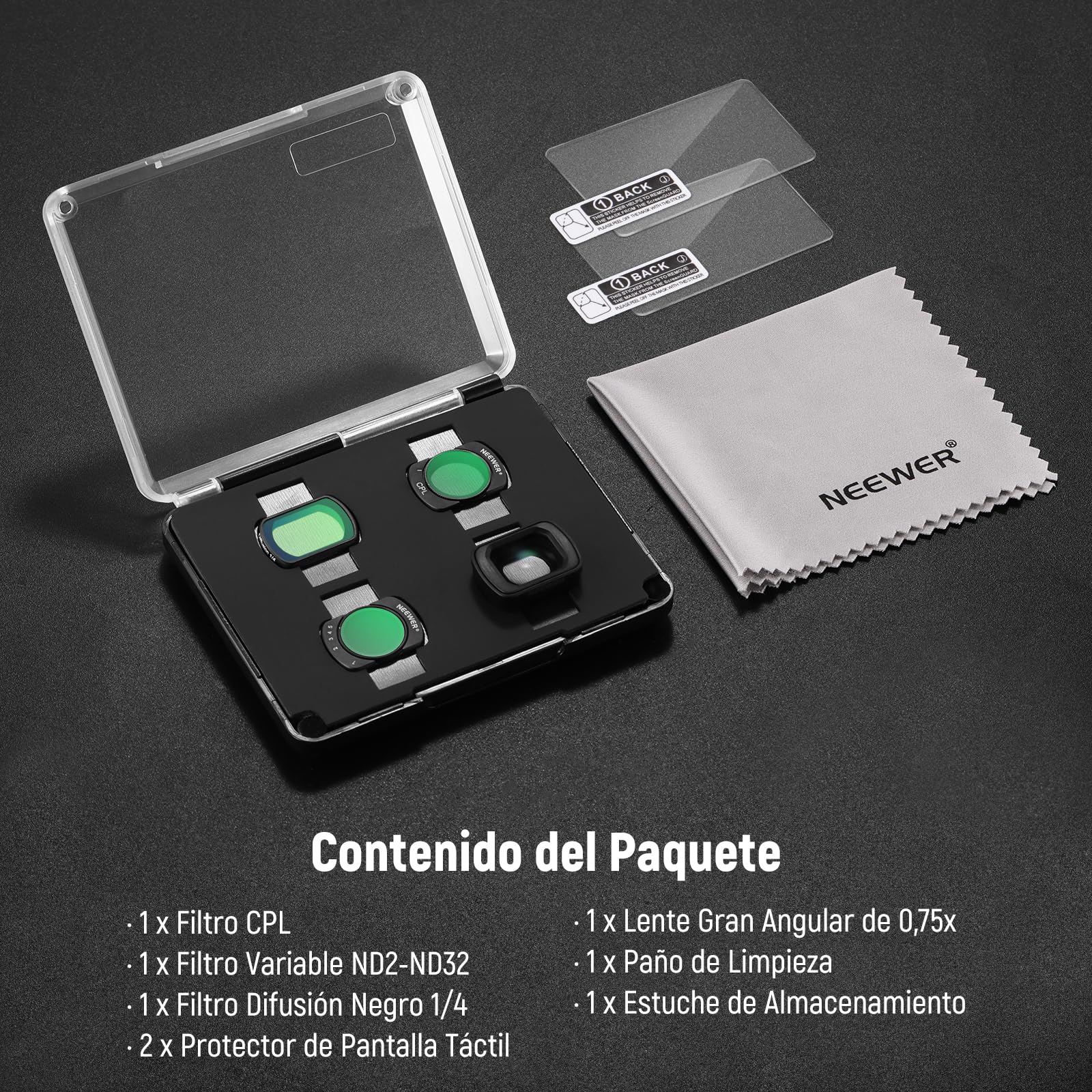 NEEWER Juego de Filtros con Lente Gran Angular 0,75X 108° FOV, Filtro de Difusión Negro ND 2-32 CPL 1/4 Variable Compatible con dji Osmo Pocket 3 / Pocket 4 / Xtra Muse Accesorios, FL-B09