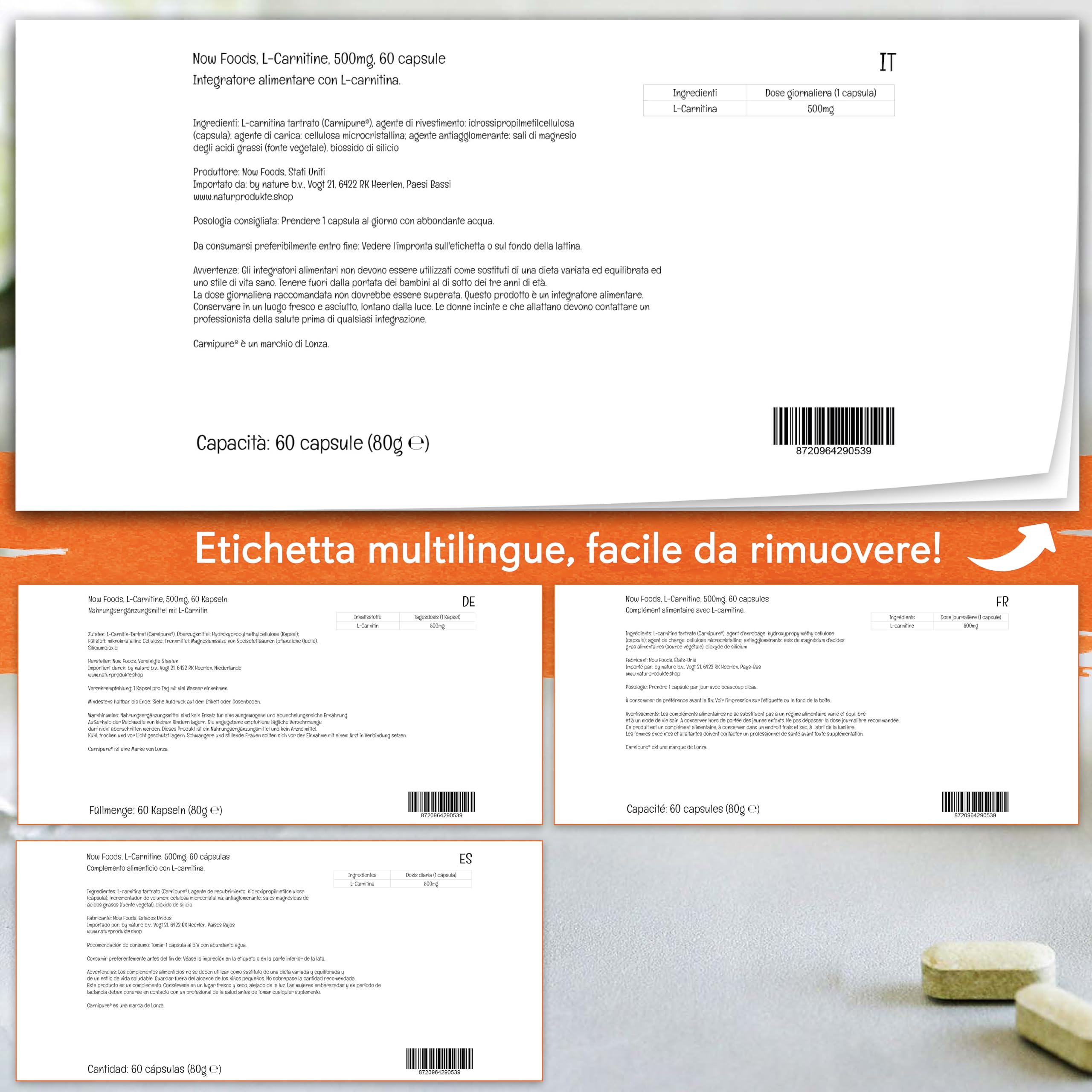 Now Foods L-Carnitina, 500 mg, Carnipure®, 60 Capsule vegane, Testato in Laboratorio, Senza Glutine, Vegetariano, Senza Soia, Non OGM